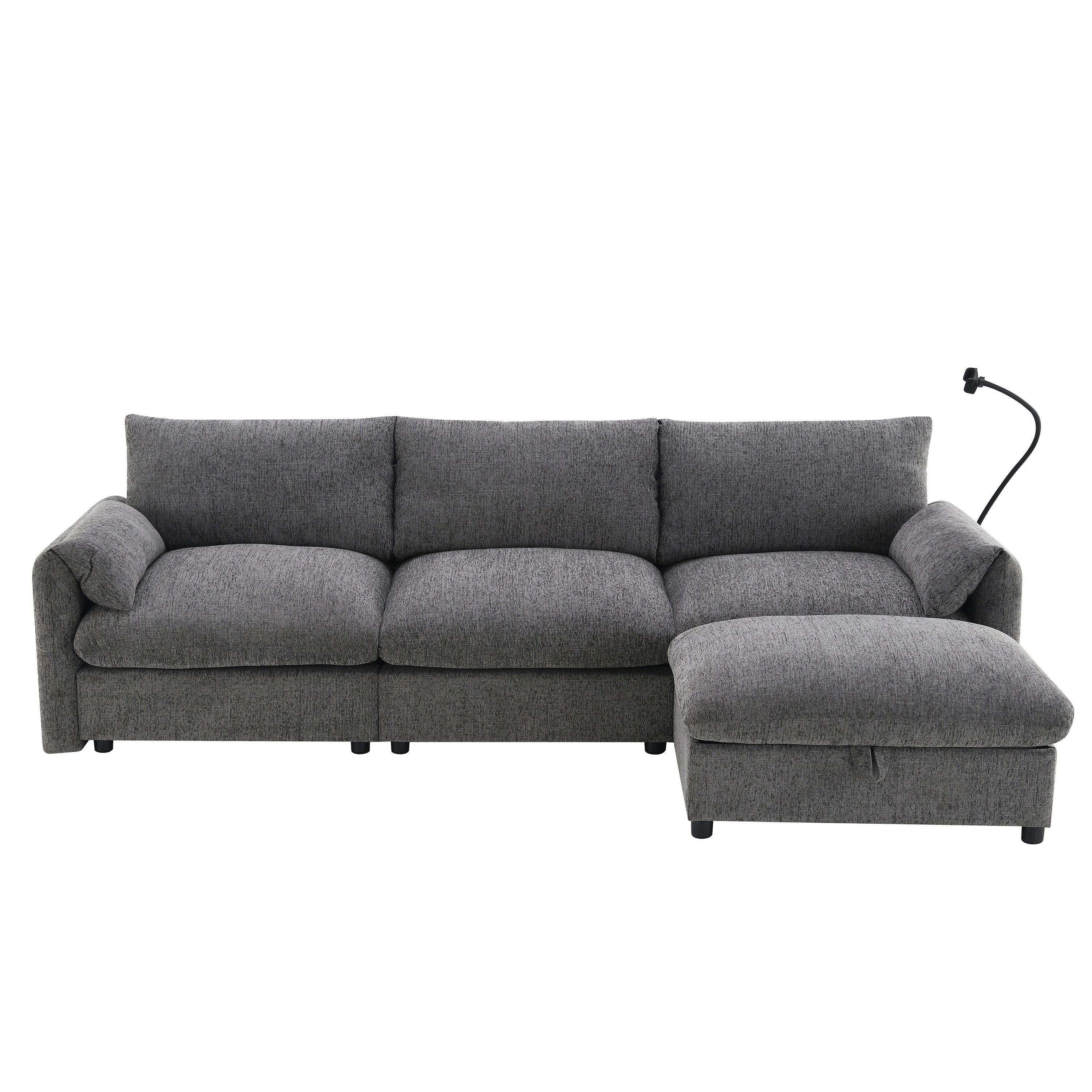 96.5'' Chenille Sectional Sofa with Storage Ottoman and Pockets,Adjustable Phone Holder,Wide Seat,4 Seat L Shaped Couch Set,Comfy Sofa with USB Charger for Living Room,Apartment,3 Colors