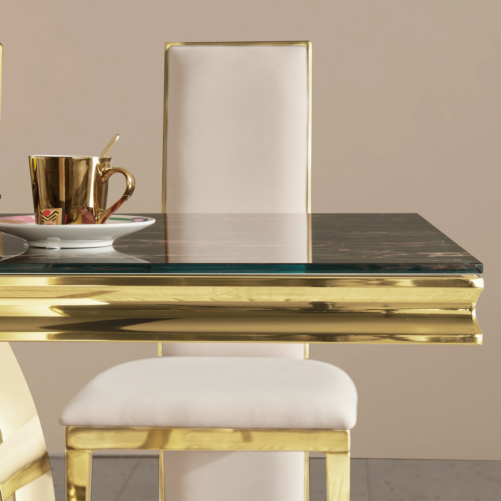 Gold stainless steel dining table  70.08 inch black tempered glass top with sticker