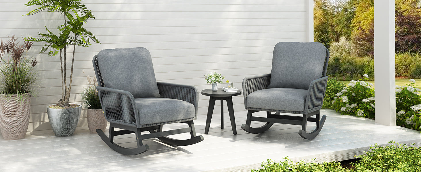 Modern 3-Piece Outdoor Seating Set with Gray Cushioned PE Rattan Rocking Chairs and Wooden Accent Table, Perfect for Patio or Balcony Relaxation