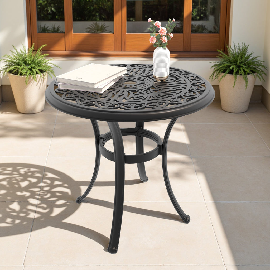 Ø26.77-inch Cast Aluminum Patio Dining Table With Black Frame and Umbrella Hole