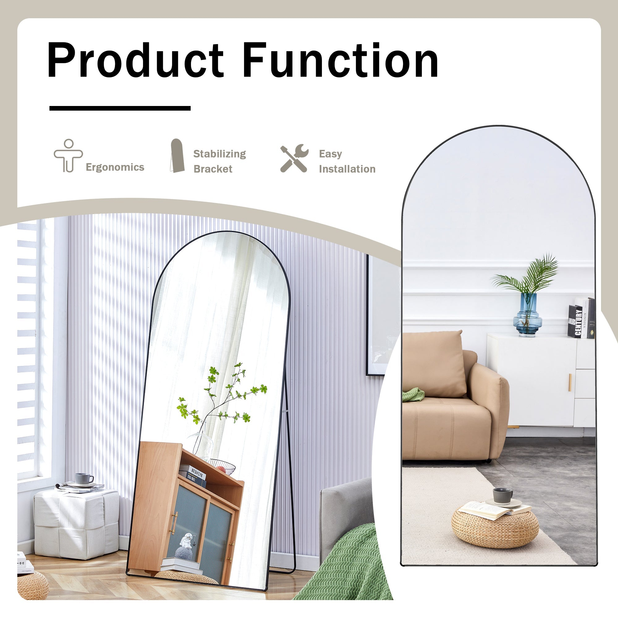 The 4th generation floor standing full-length rearview mirror. Black metal framed arched wall mirror, bathroom makeup mirror, floor standing mirror with bracket. Black 71 "* 31"  AM