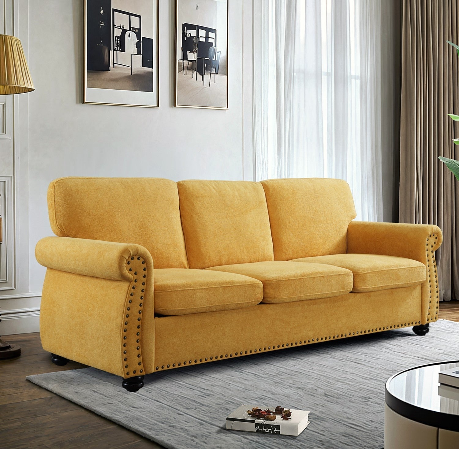 Soft Velvet Sofa, Upholstered 3 Seater Couch with High-Density Foam, Loose Back Cushions and Solid Wood Turned Legs, Chic Living Room Furniture for Home, Apartment and Office, Mustard yellow