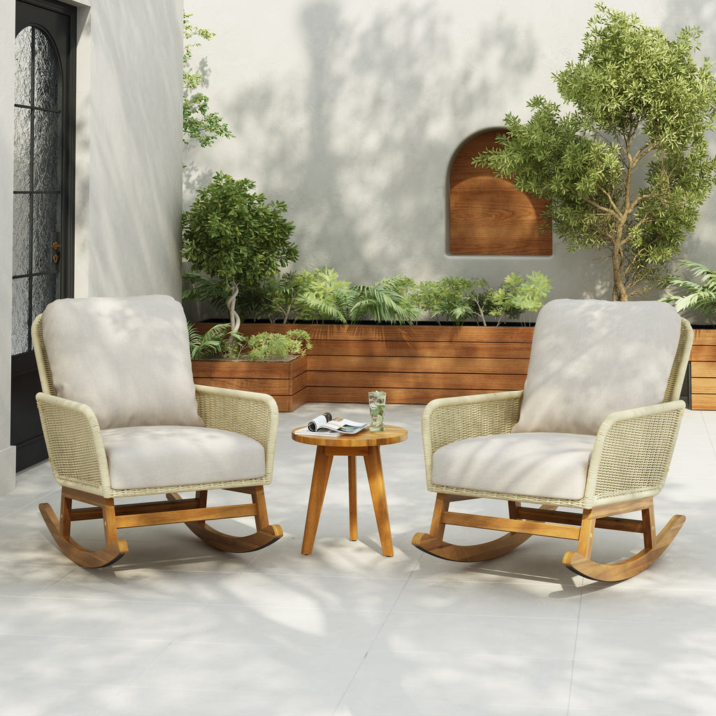 Modern 3-Piece Outdoor Seating Set with Ivory Cushioned PE Rattan Rocking Chairs and Wooden Accent Table, Perfect for Patio or Balcony Relaxation