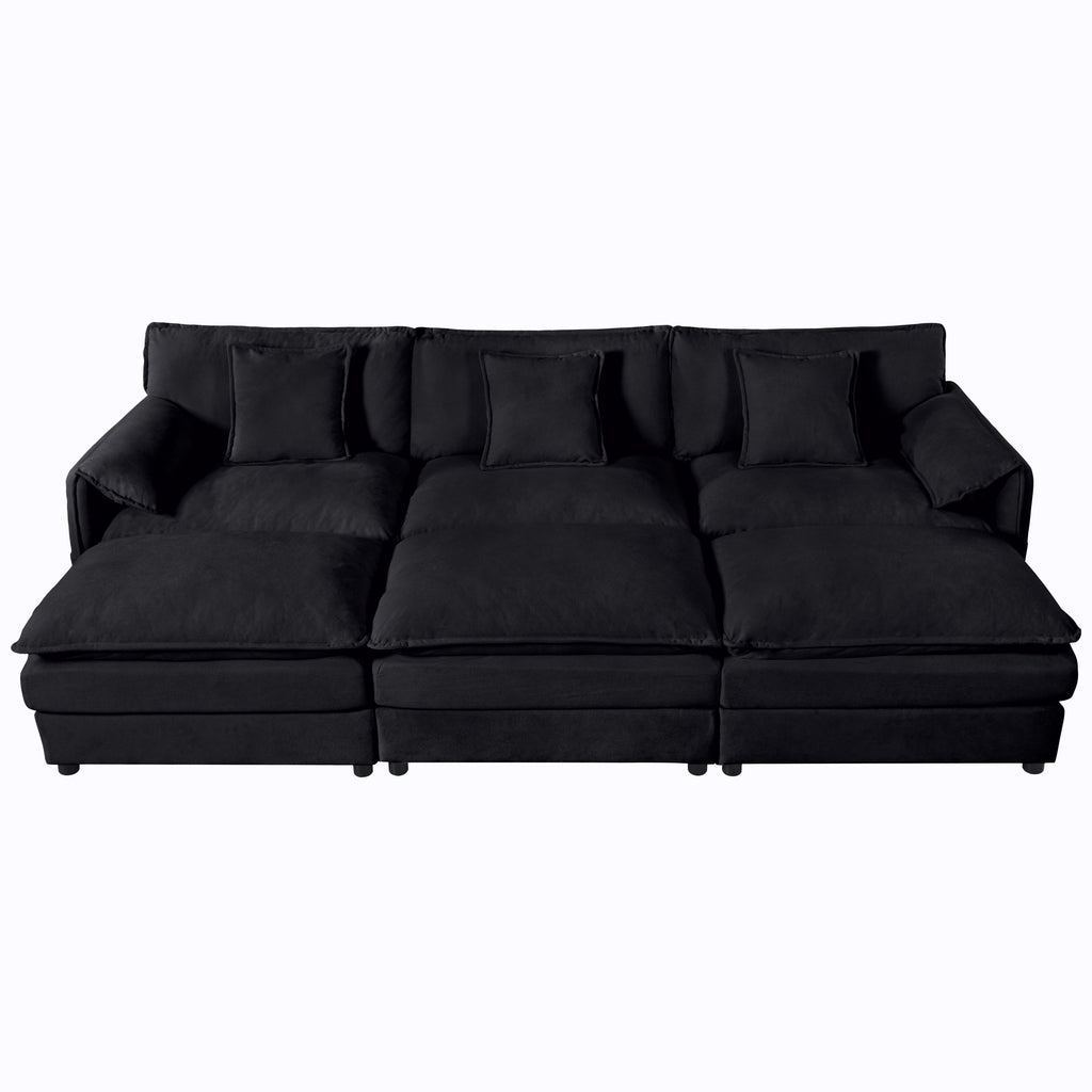 Oversized Deep Seat Sectional Cloud Sofa Sleeper with 3 Ottomans & Soft Pillows, Modular Couch Bed for Living Room, Apartment, DIY Combination Chenille,Black