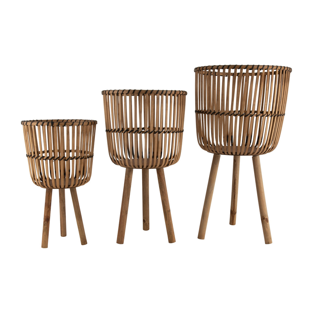 S/3 BAMBOO FOOTED PLANTERS 11/13/15', NATURAL