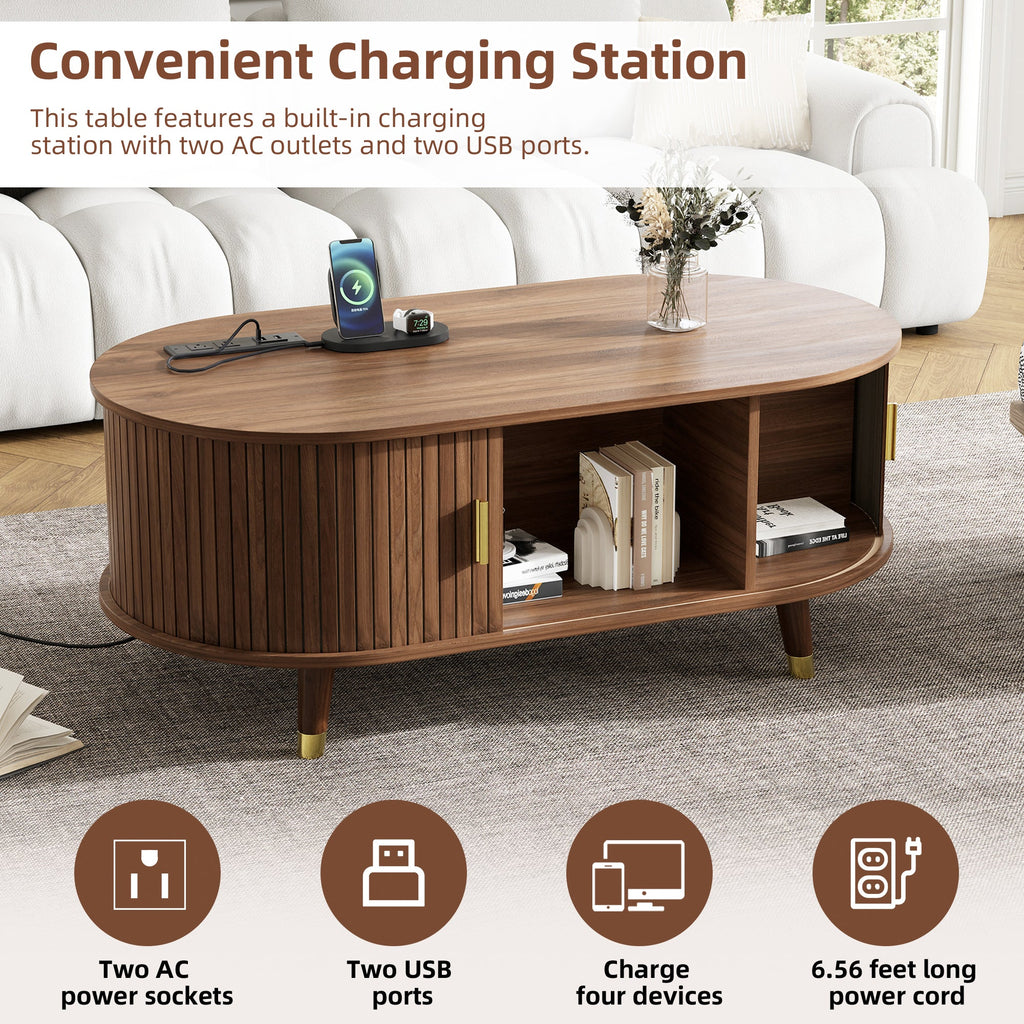 Wooden Farmhouse TV Stand & Coffee Table Set with Charging Station, Oval Fluted Media Console with Sliding Doors for TVs up to 80', Mid-Century Center Table with Solid Wood Legs for Living Room,Walnut