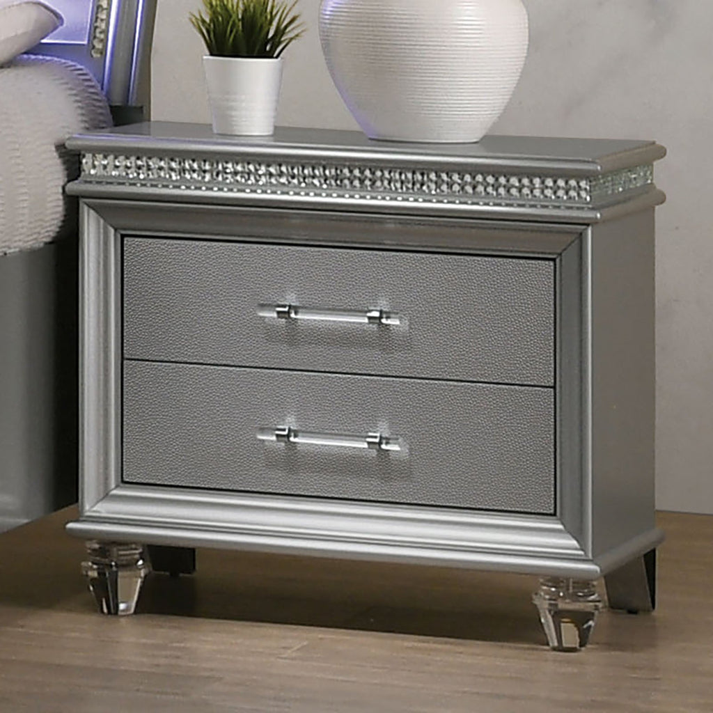 Classic Silver1pc Nightstand Only Contemporary Solid wood 2-Drawers Felt-lined Top English Dovetail Acrylic Legs & Pull Handle