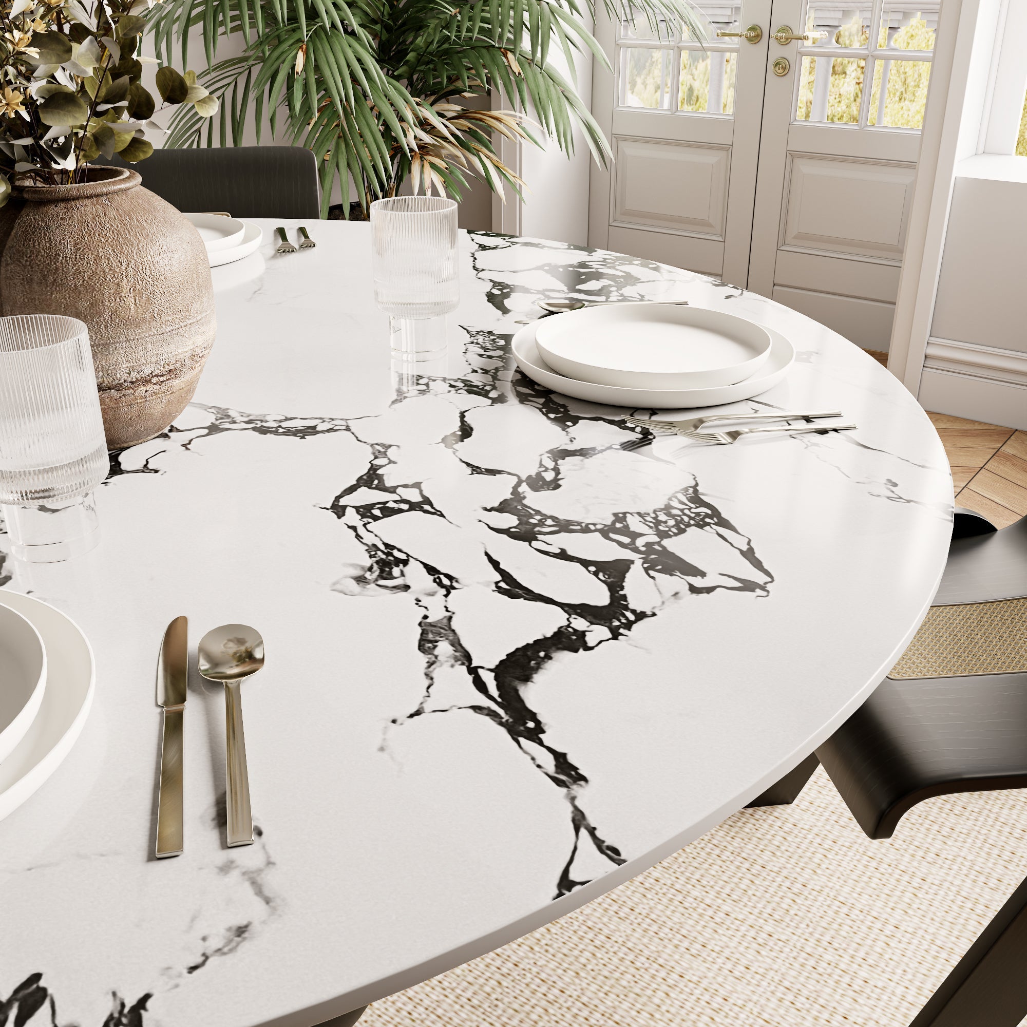 Chic Luxury Black Round Dining Kitchen 47' Table - White Black With Vase-shaped Solid Wood Pedestal For 4