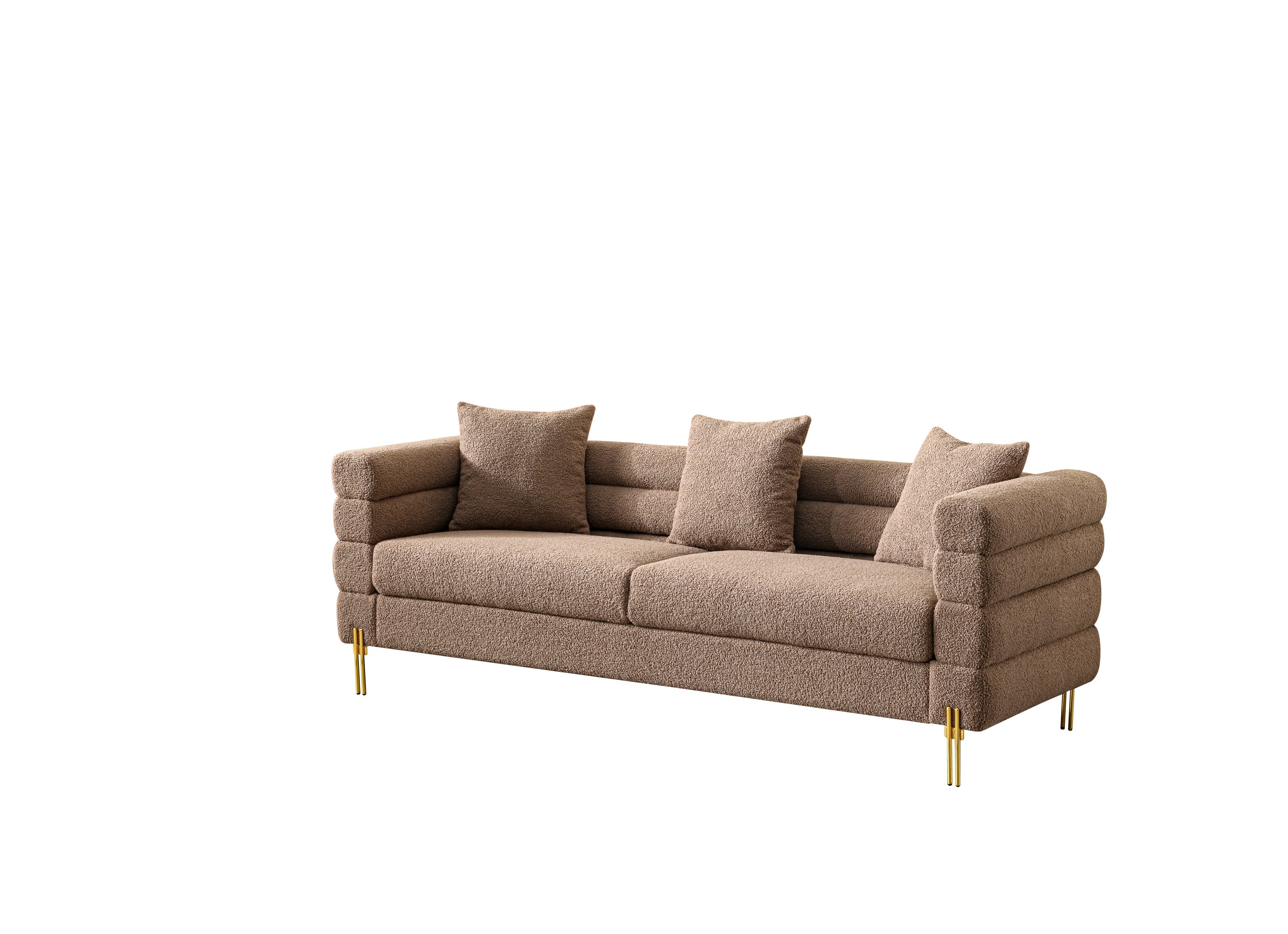 Luxurious and comfortable upholstered sofa with golden legs and pillows for living room and reception area