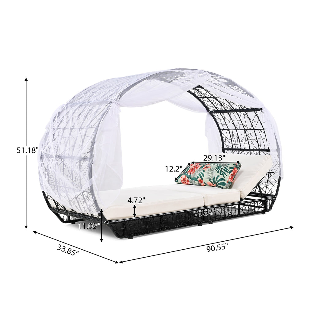 GO 90.55' Outdoor Patio Daybed with Curtain, Sunbed with Cushion and Colorful Pillow, Wicker Lounge Chairs Backrest Adjustable Recliners for Pool Garden Backyard, Beige Cushion, Black Wicker