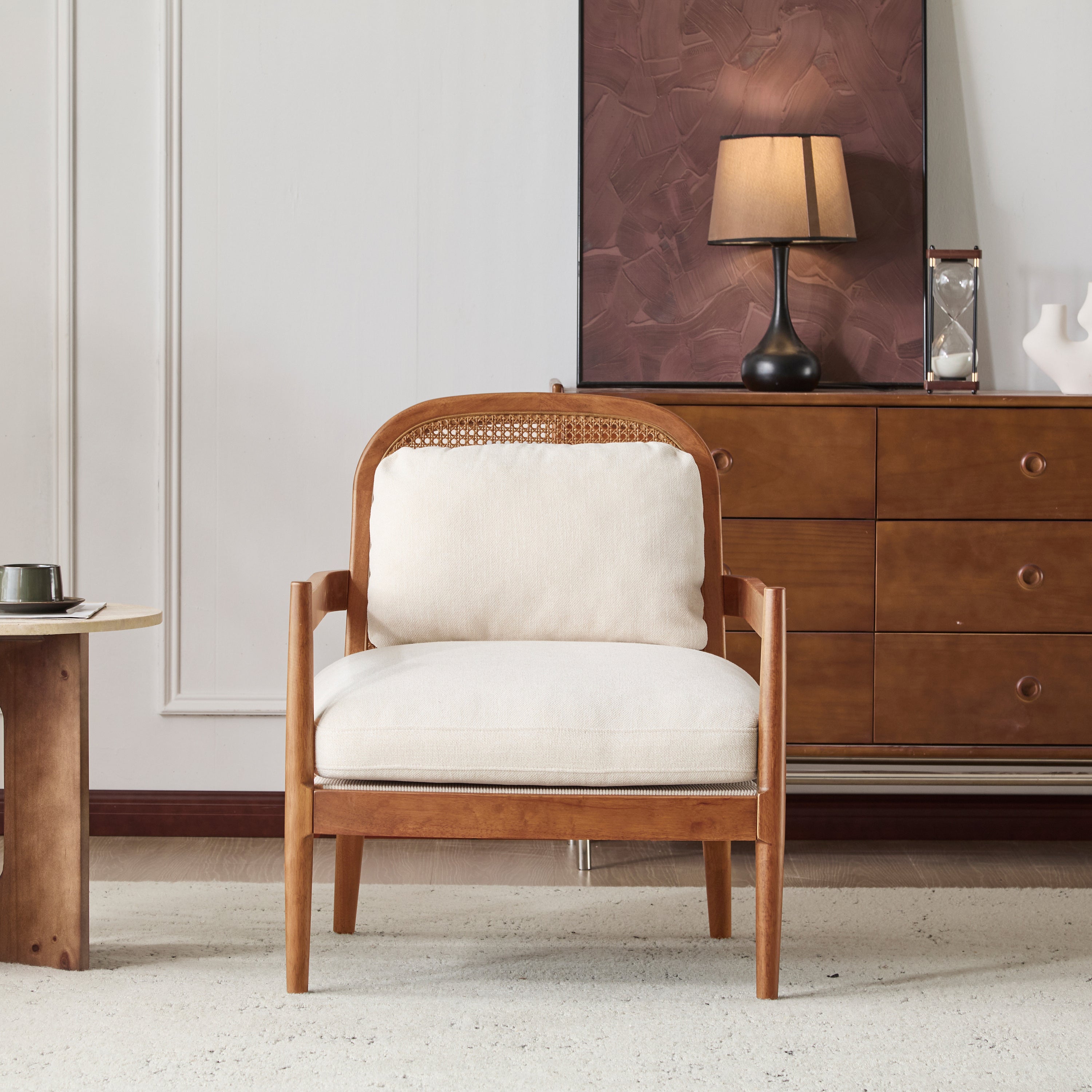 [Set of 2] 26.6' Mid-Century Modern Accent Chair with Light Brown Finish Solid Wood Frame and Rattan Backrest, Beige Cushion, Comfy Armchairs for Living Room, Bedroom, Reading Nook