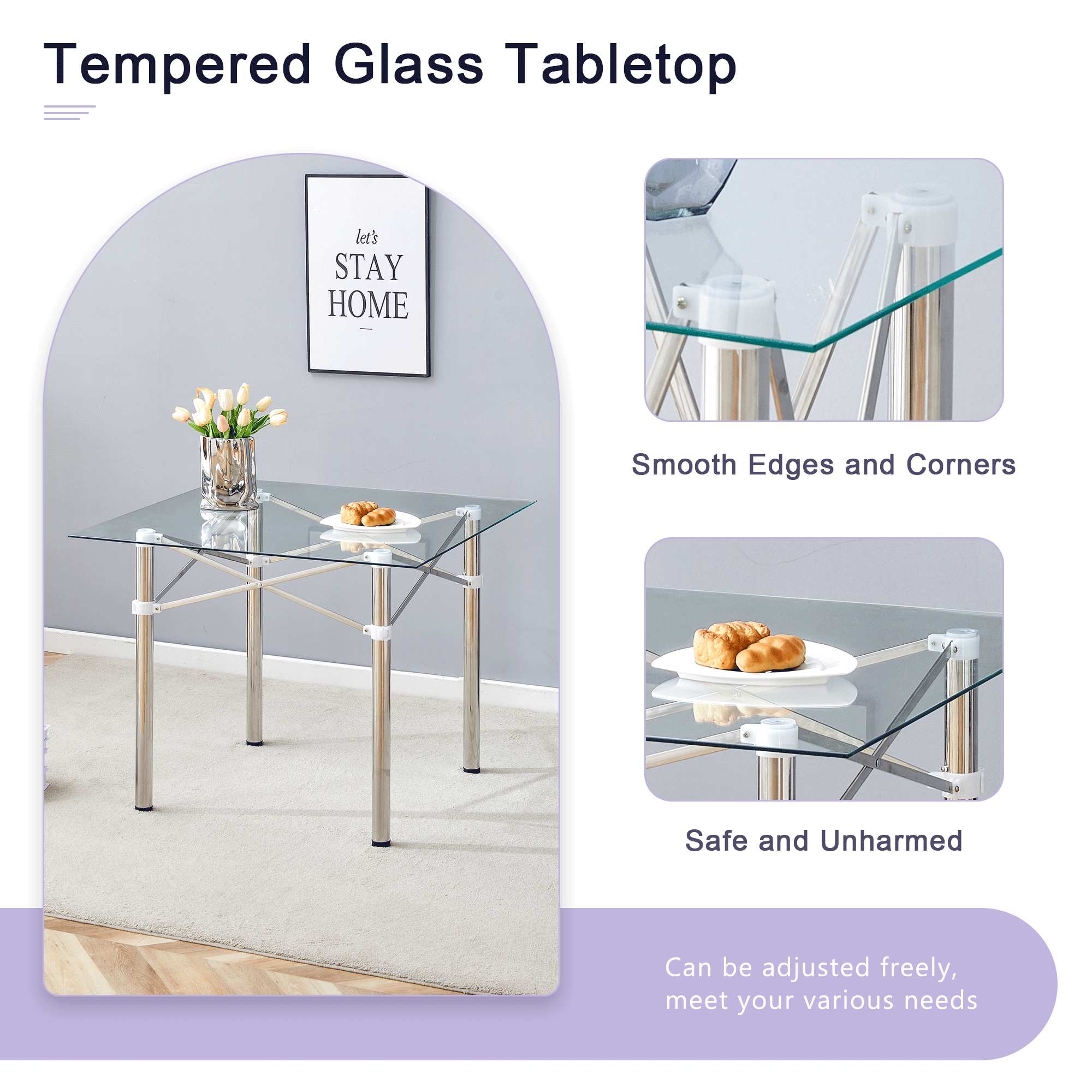 Elegant Expandable Square Glass Table - 36' Clear Tempered Glass, Silver Metal Legs.Telescopic metal legs, transparent square glass tabletop, suction cup attachment connection.