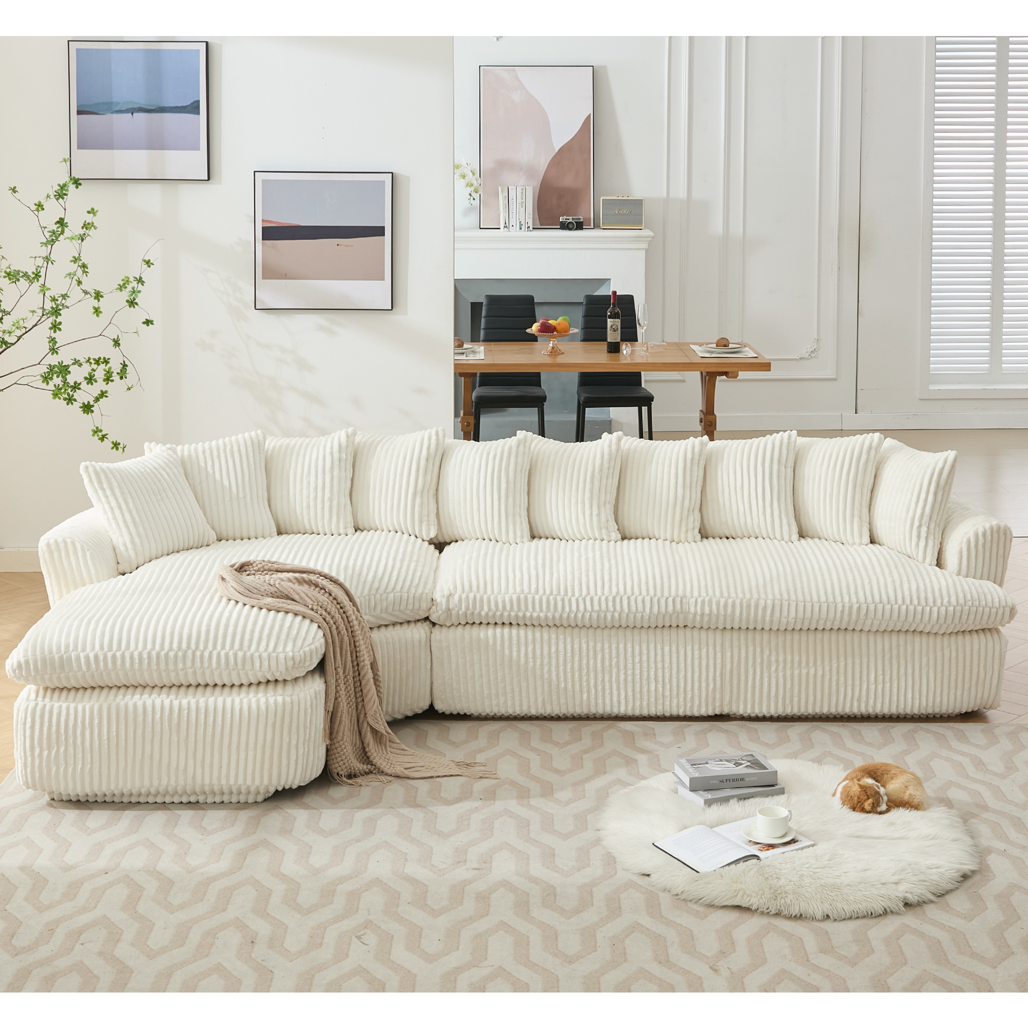 127''  Large Sectional Sofa ,Elegant Curved Design ,High-Resilience Foam ,Ten Back Cushions,L-Shape Left Sofa,No Assembly  Required , (Beige-Soft Corduroy Fabric)