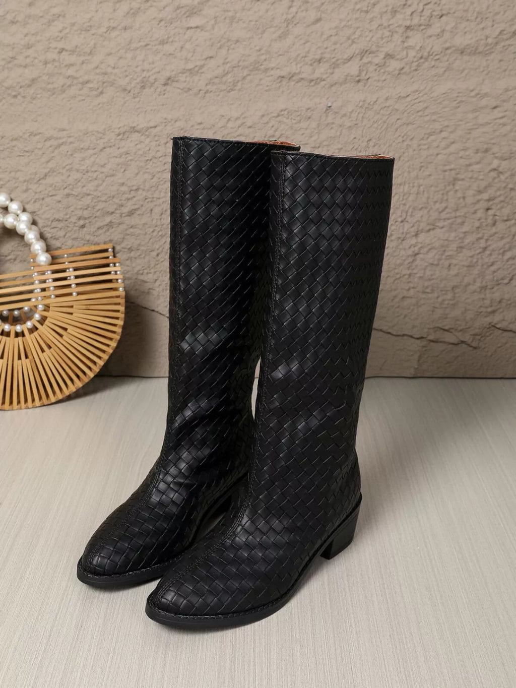Woven Textured Block Heels Boots
