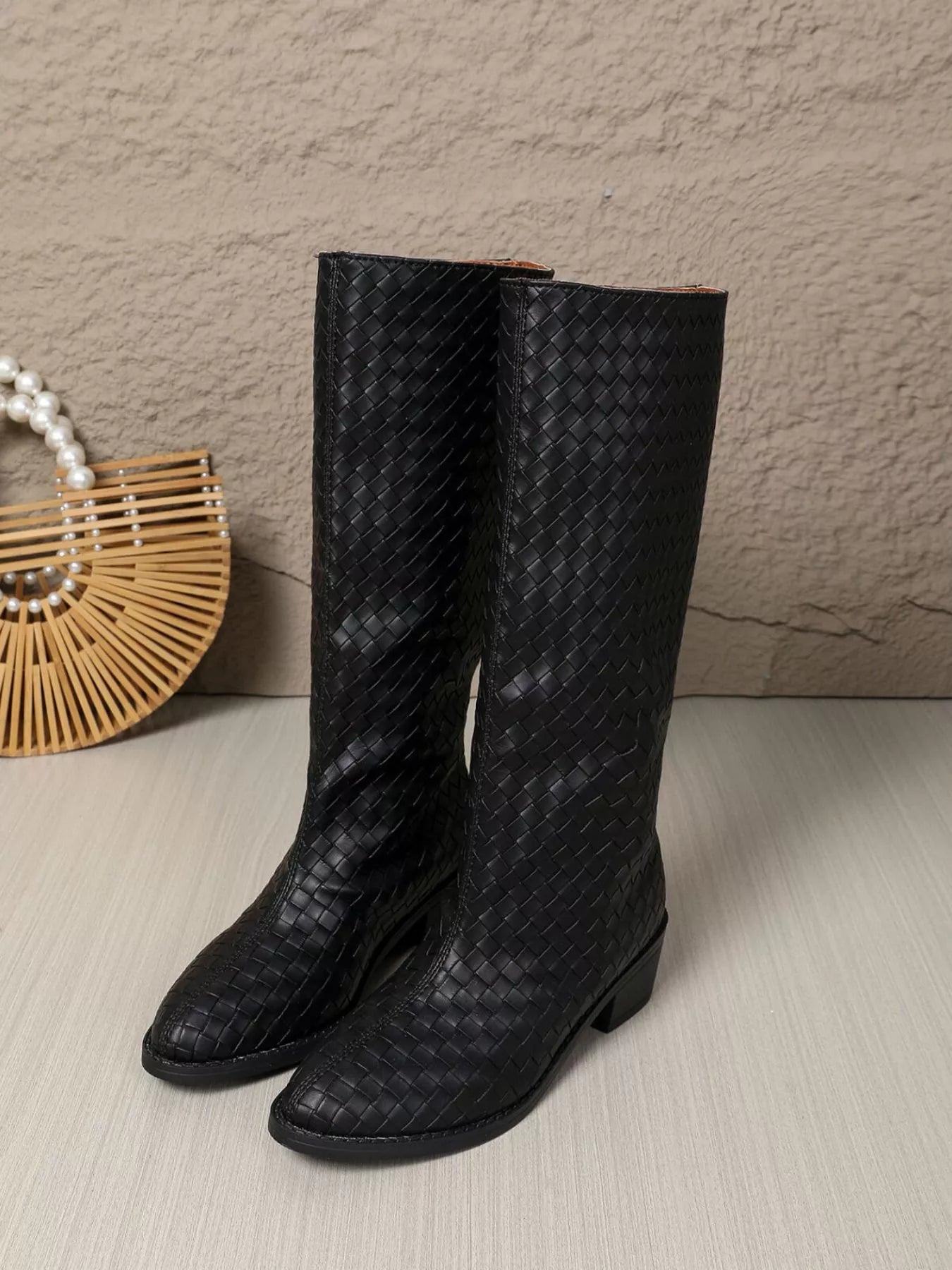 Woven Textured Block Heels Boots