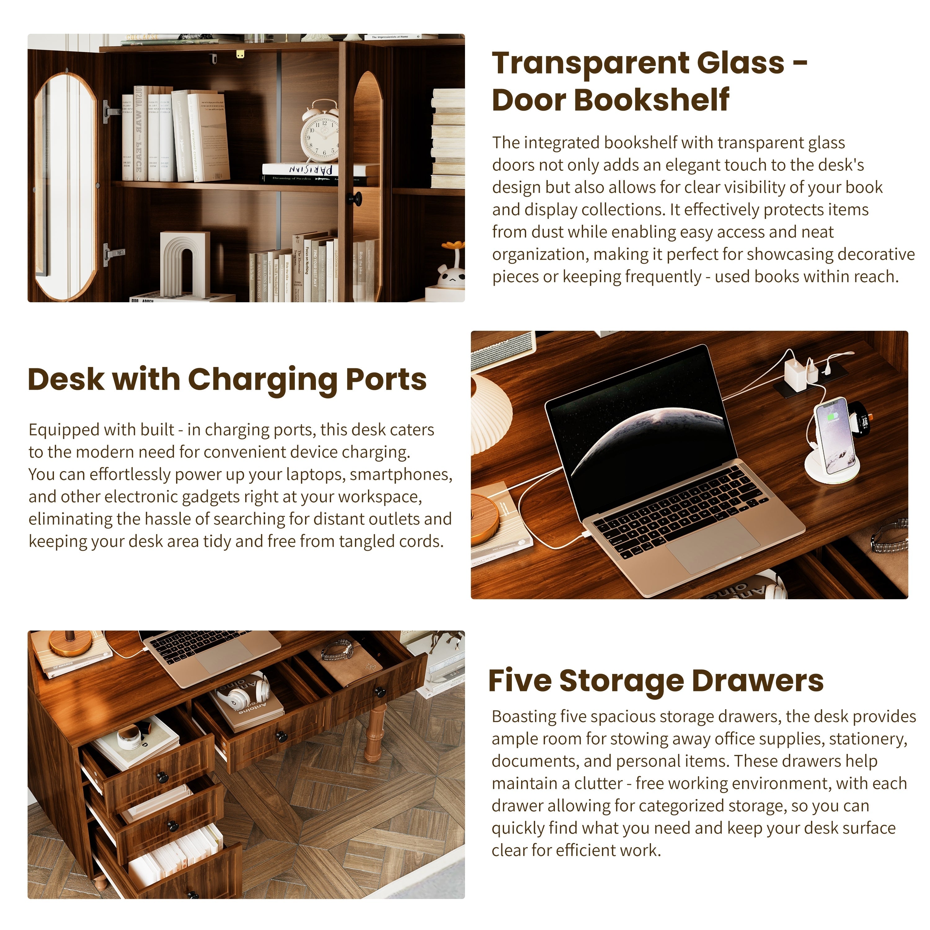 47'' Retro Desk with Charging Ports and Hutch Cabinet, Office Desk with 5 Storage Drawers and Transparent Glass-Door Bookshelf, Executive Computer Desk for Home Office, Bedroom, Walnut