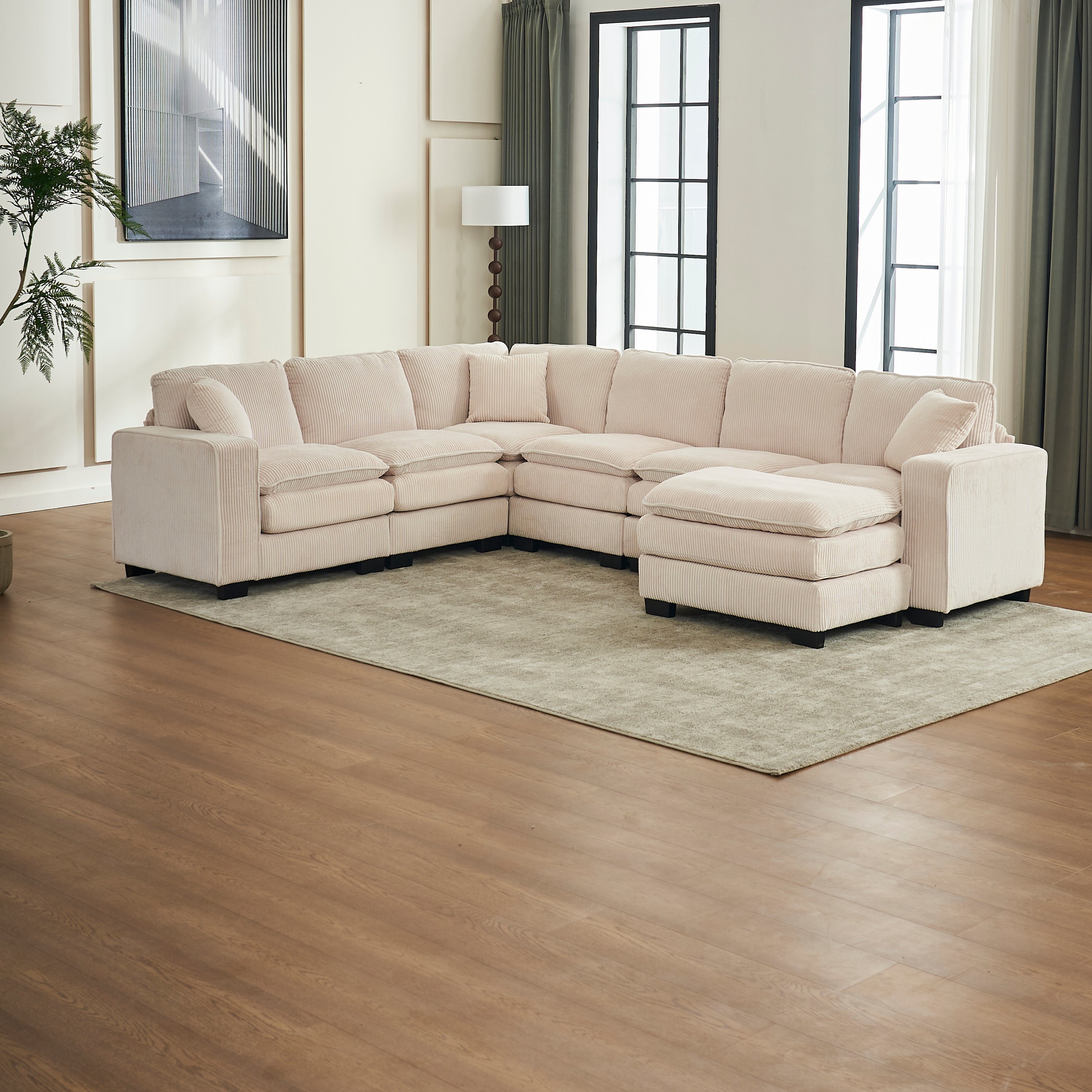 Modern U Shaped 6-seat Sectional Sofa Couch with one Ottoman and three toss pillows ,Modular Sofa for Living Room,Corduroy sofa
