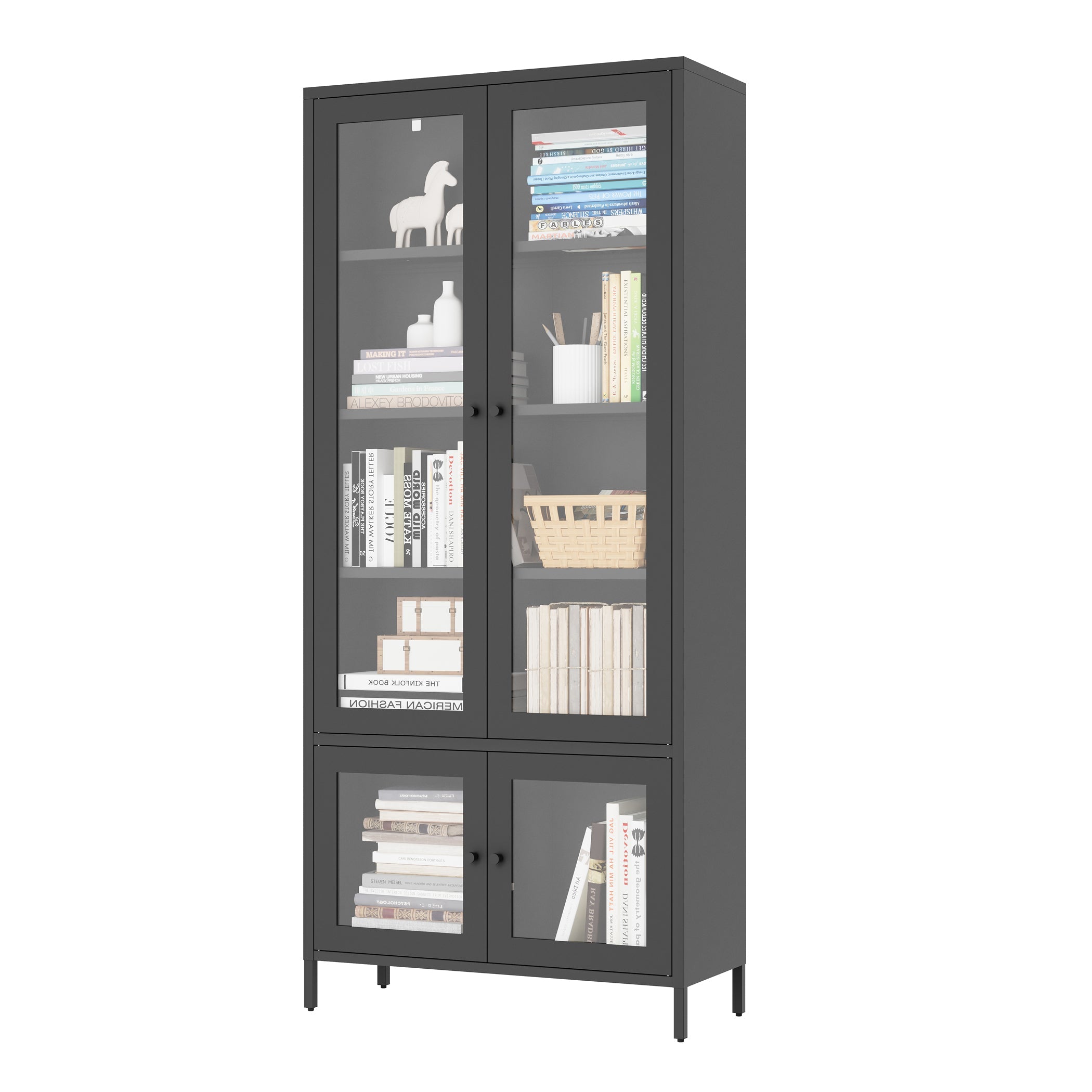 Large Metal Storage Cabinet Display Cabinet with 4 Glass Doors 5 Shelves Side Cabinet Bookcase Freestanding Cabinet for Bedroom Living Room Pantry Home Office - Black, Reinforced Tempered Glass