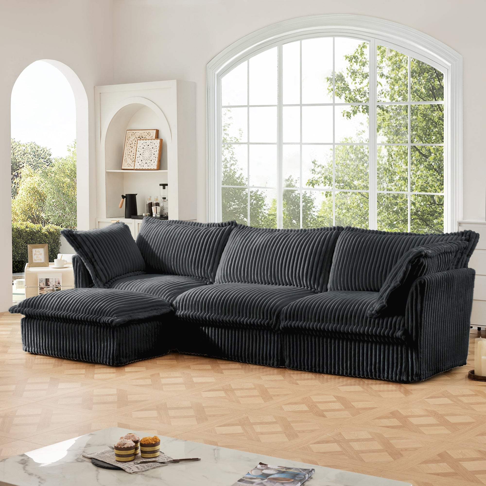 L-Shaped Slipcovered Sectional Sofa Couch, Comfy Deep Seat Cloud Couch with Convertible Ottoman & 2 Big Pillows, Modern Oversized 3 Seater Slipcovered Sofa Set for Living Room Office,Gray Corduroy