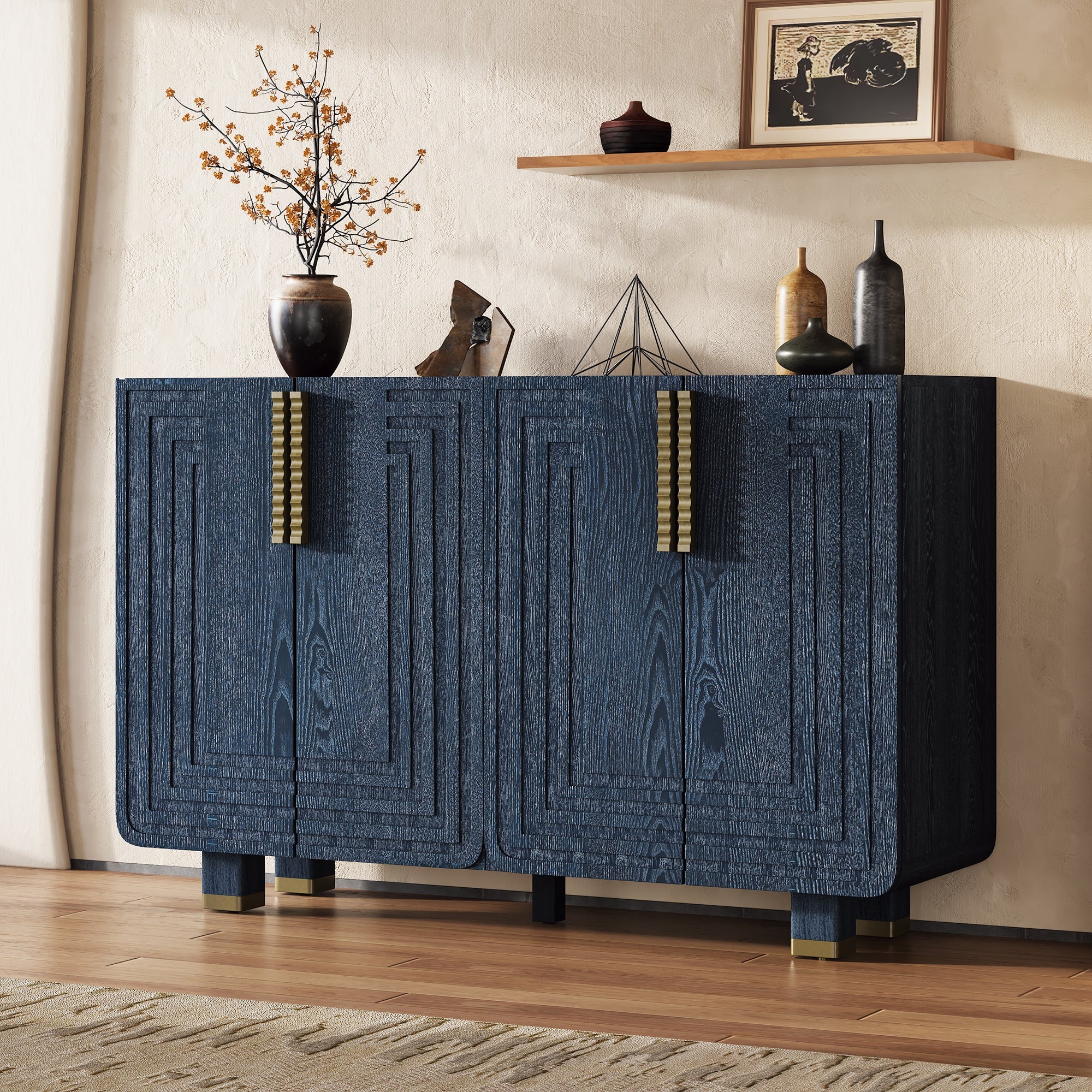 TREXM 54' Retro Buffet Cabinet with Storage, 4-Door Vintage Fluted Sideboard Cabinet with Adjustable Shelves for Dining Room, Kitchen, and Living Room (Antique Navy)
