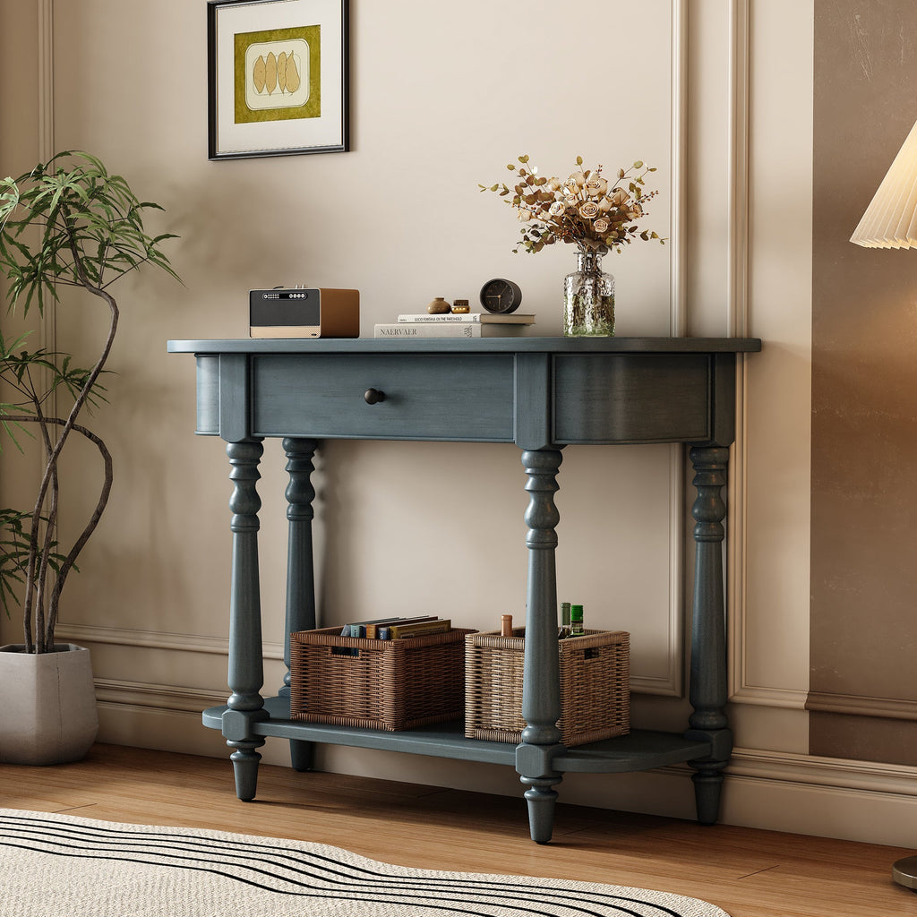 TREXM Narrow Console Table with Curved Corner, Retro Entryway Table with Top Drawer and Open Shelf, Sofa Table Console Tables for Entryway, Hallway and Living Room (Navy)