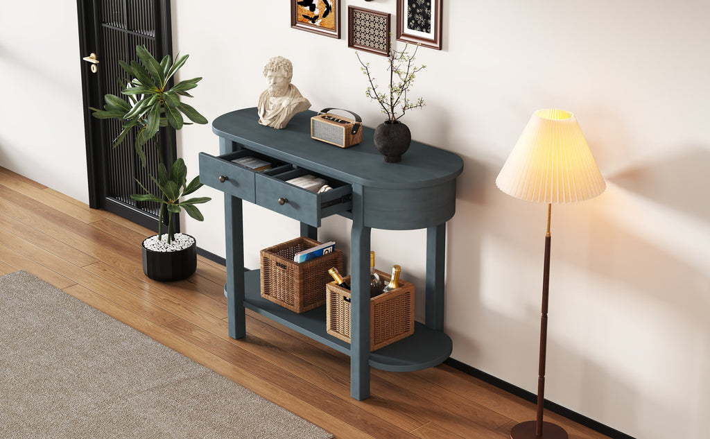TREXM Elegant Retro Console Table with Curved Design and Smooth Glaze for Entryways, Living Rooms and hallways (Navy)