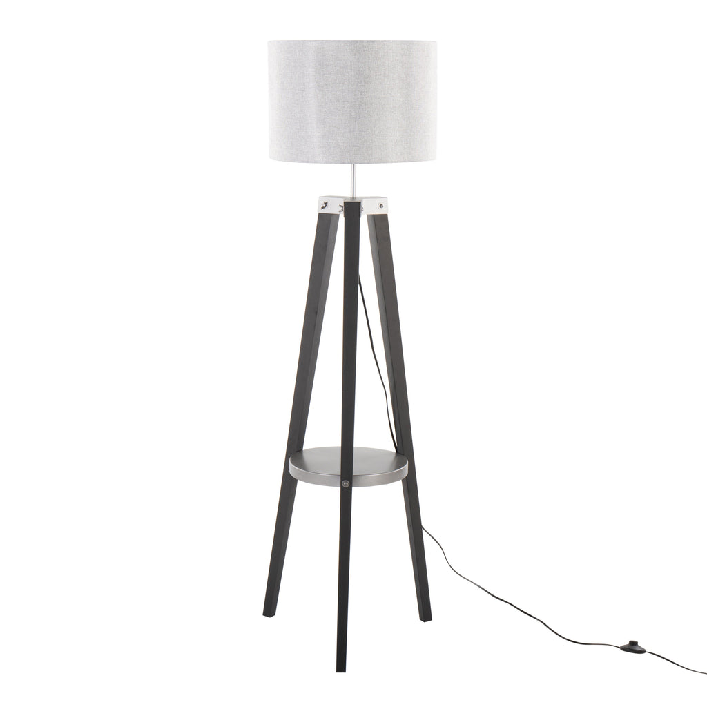 Compass Mid-Century Modern Floor Lamp with Shelf in Black Wood, Silver Metal and Grey Linen by LumiSource