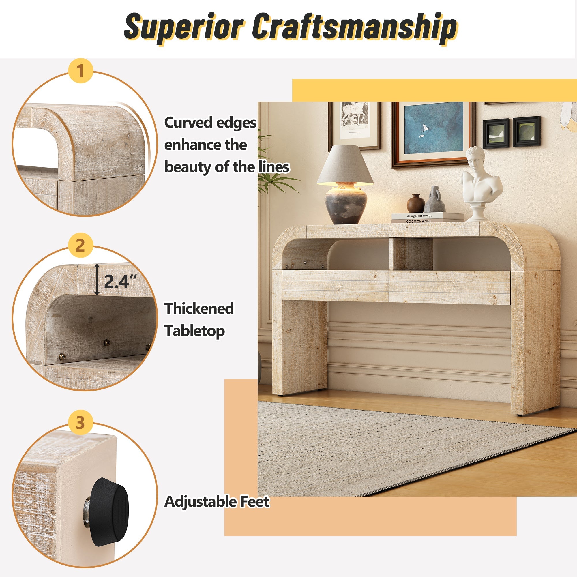 TREXM Console Table Entryway Table, Retro Curved Sofa Table with 2 Large Drawers, Narrow Console Table for Living Room Hallway Entrance, 52''×14''×31.5'', Natural Wood Wash