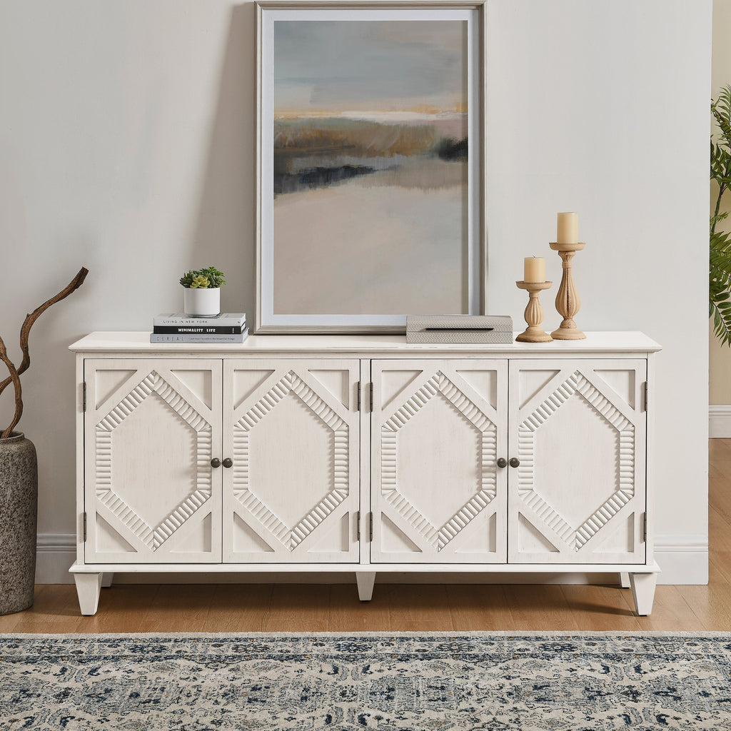 65.2' Mid Century Modern Sideboard Buffet Cabinet with Storage, Symmetrical Geometric Accent Coffee Bar Wine Bar Storage Cabinet, Large Console Table for Living Room/Entryway/Kitchen, Antique White