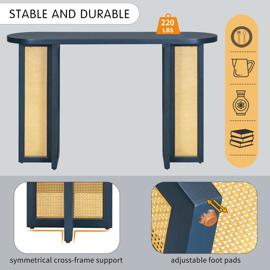 TREXM Farmhouse Rattan Console Table Entryway Table, Narrow Console Table with Storage, Hallway Table for Living Room, Entrance (Navy)