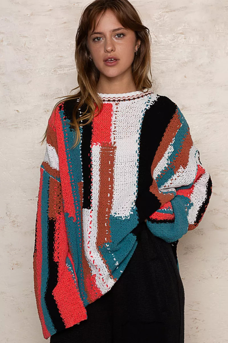 POL Color Block Round Neck Oversized Sweater