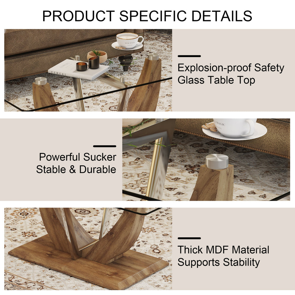 Modern minimalist transparent tempered glass coffee table with wooden MDF legs and stainless steel decorative columns. Computer desk. Game table. CT-907