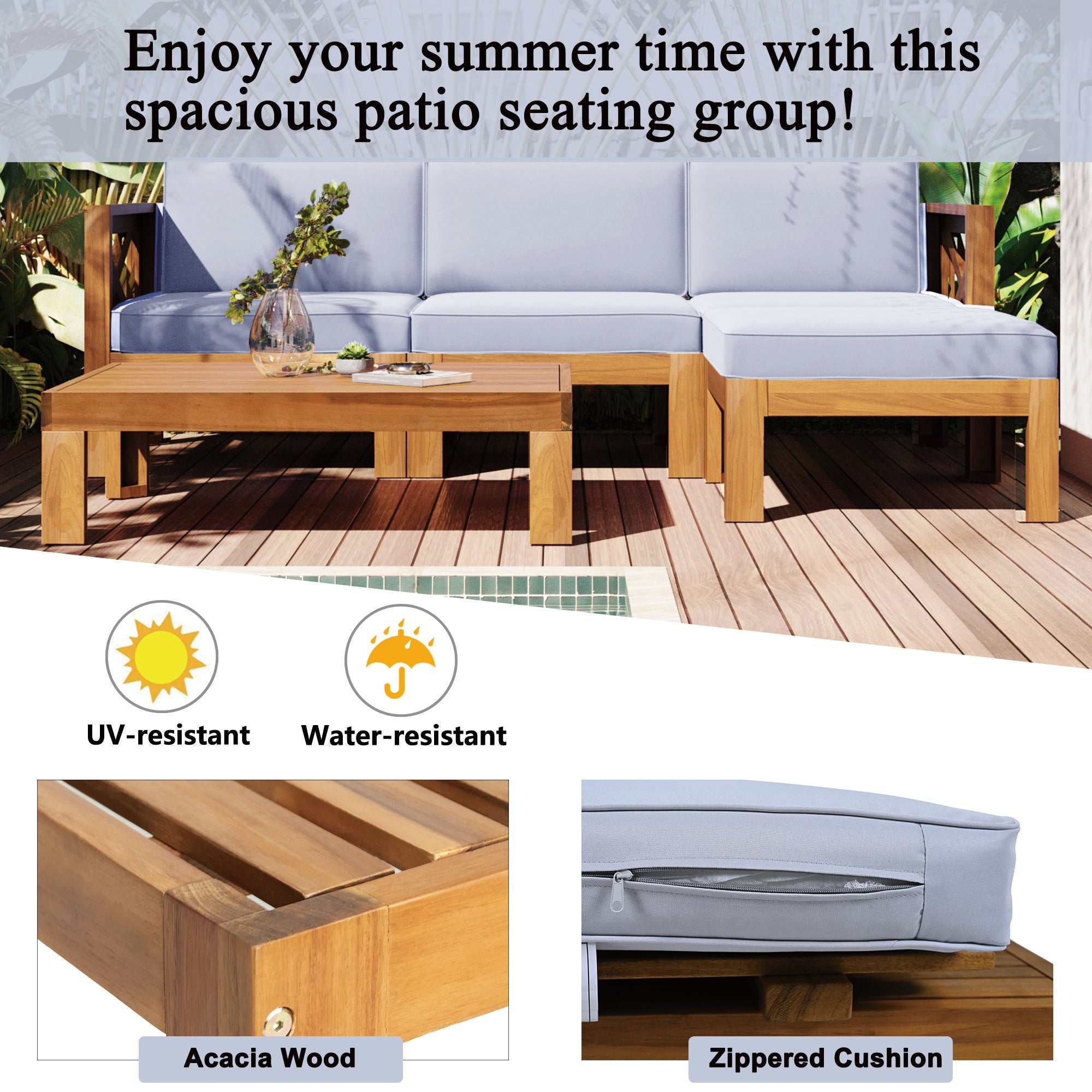 TOPMAX Outdoor Backyard Patio Wood 5-Piece Sectional Sofa Seating Group Set with Cushions, Natural Finish+ Gray Cushions