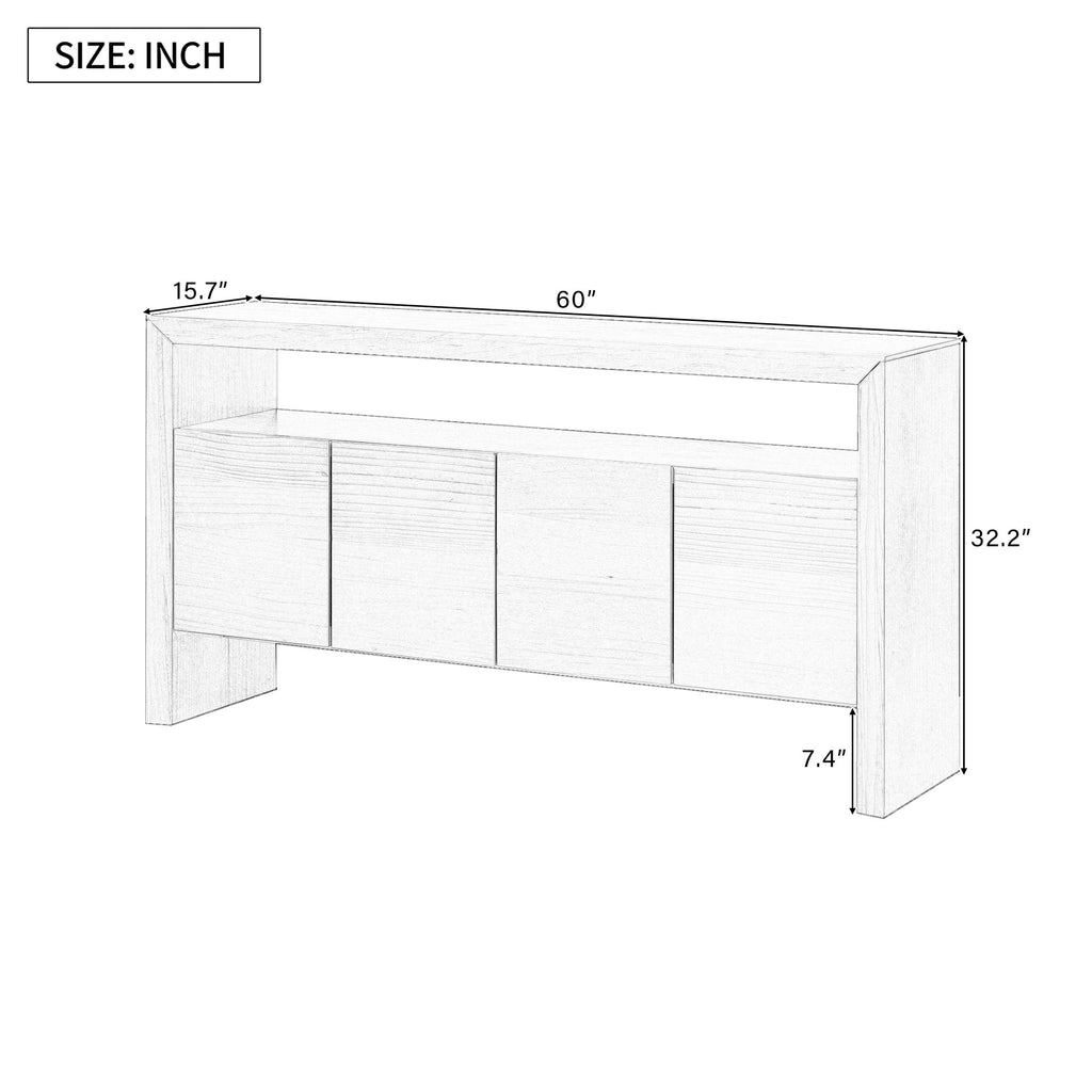 U_Style 60' 4-Door Sideboard, Modern Minimalist Solid Wood Veneer Sideboard with Open Shelf, Natural Wood Grain, Large Capacity Storage Console for Living Room, Hallway, Dining (Black/Natural)