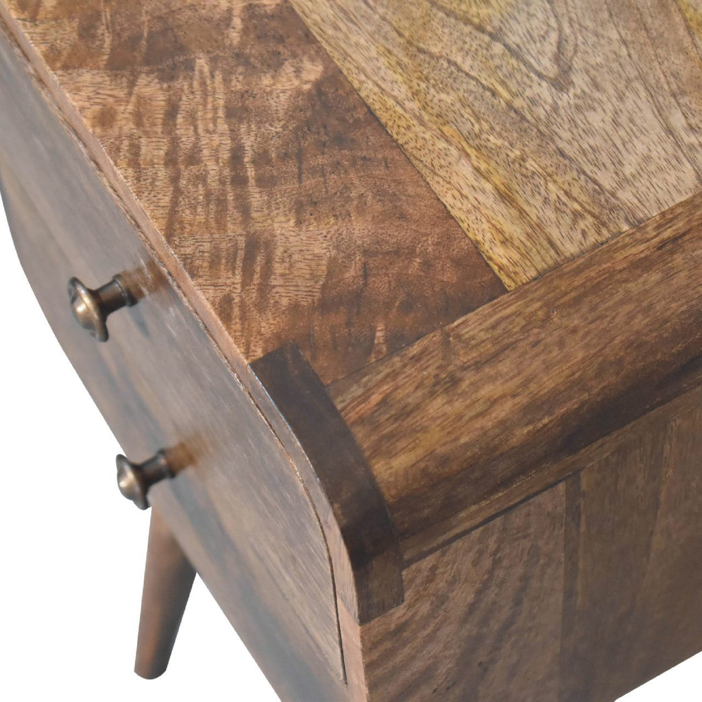Solid Wood Mini Curved Grey Washed Nightstand, 2-Drawers, Nordic Legs, Brown