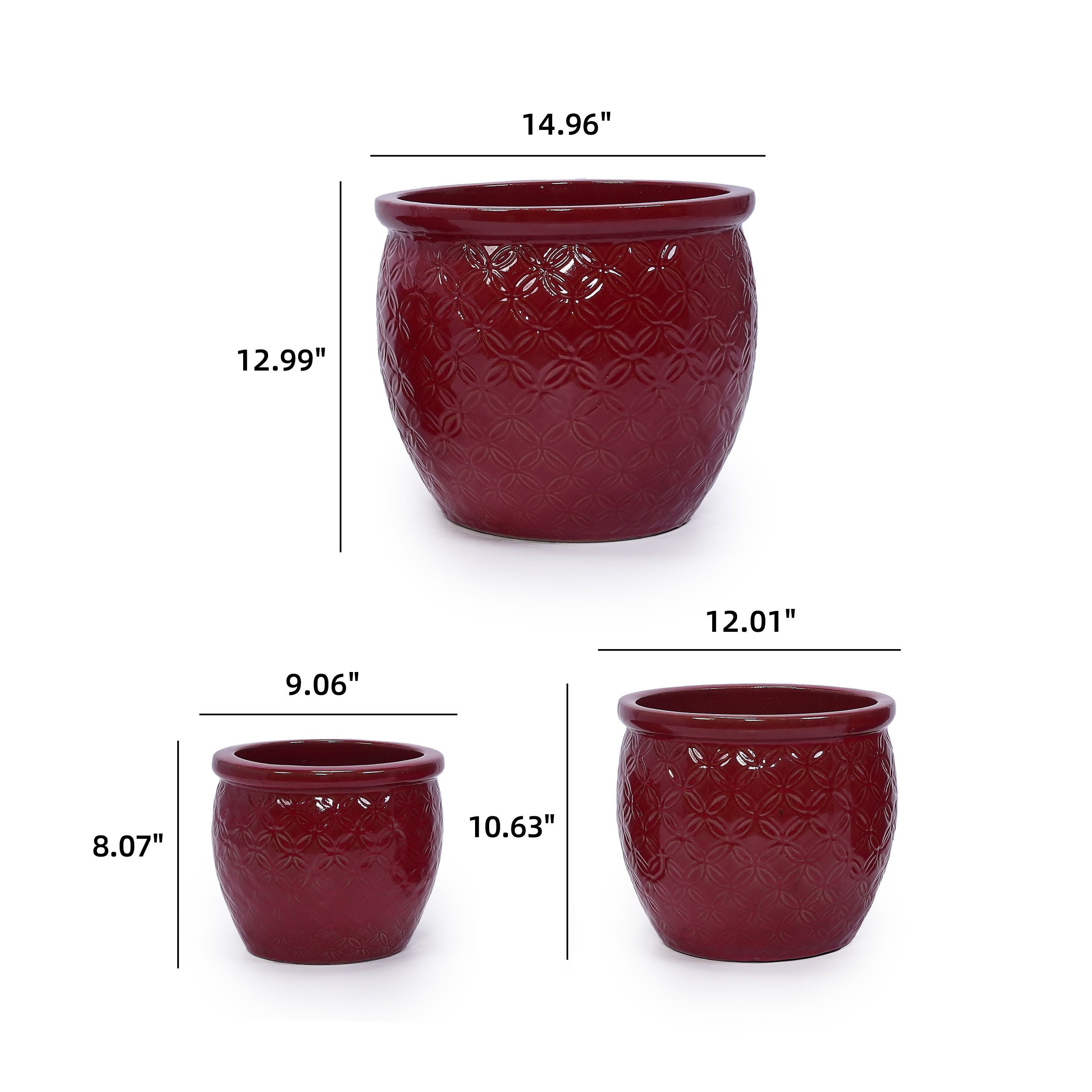 Set of 3 Ceramic Flowerpot, Modern Planter for Patio, Garden, Windowsill - Red