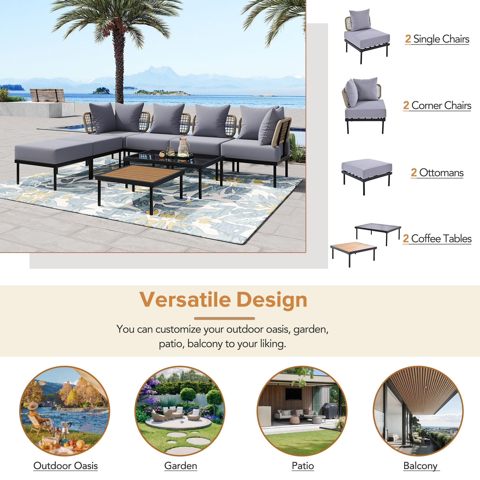 TREXM 8-Piece Patio Sectional Sofa Set with Tempered Glass Coffee Table and Wooden Coffee Table for Outdoor Oasis, Garden, Patio and Poolside (Light Grey Cushion + Black Steel)