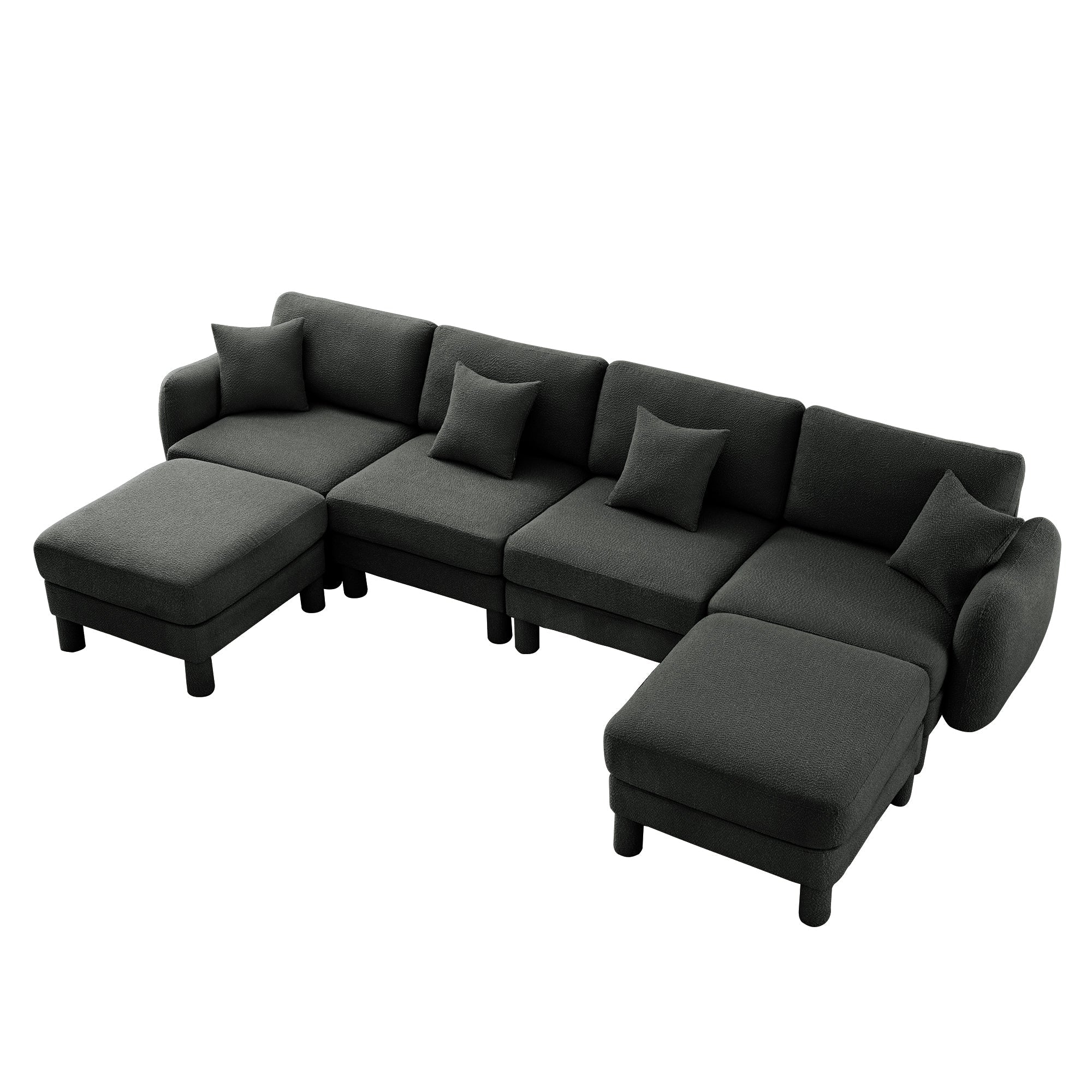 Boucle Fabric U Shape Sectional 4-seater Sofa Couch With Distinctive Shell-shaped Armrests And 2 Movable Ottomans,Cylindrical Legs Wrapped with Self-fabric,Dark Grey  Color