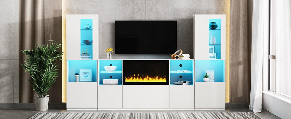 ON-TREND Modern TV Stand with 34.2' Non-heating Electric Fireplace, High Gloss Entertainment Center with LED Lights, Media Console with Tempered Glass Shelves for TVs up to 75', White