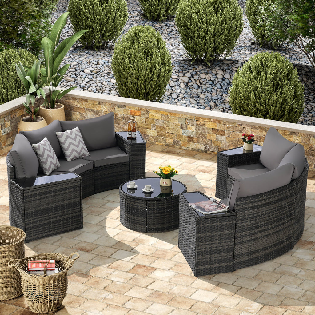 Outdoor Patio Furniture 11-Piece Half-Moon Sectional Round Patio Furniture Set Sofa with Tempered Glass Round Coffee Table