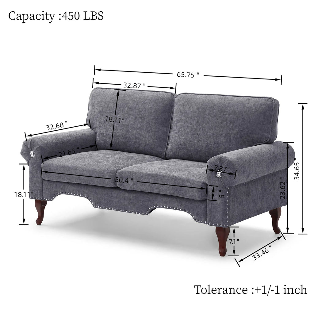 66-Inch Modern Velvet Loveseat Sofa with Wooden Legs & Crystal button and Copper Nail, Tufted Backrest, Perfect for Living Room, Bedroom, or Office (Grey)