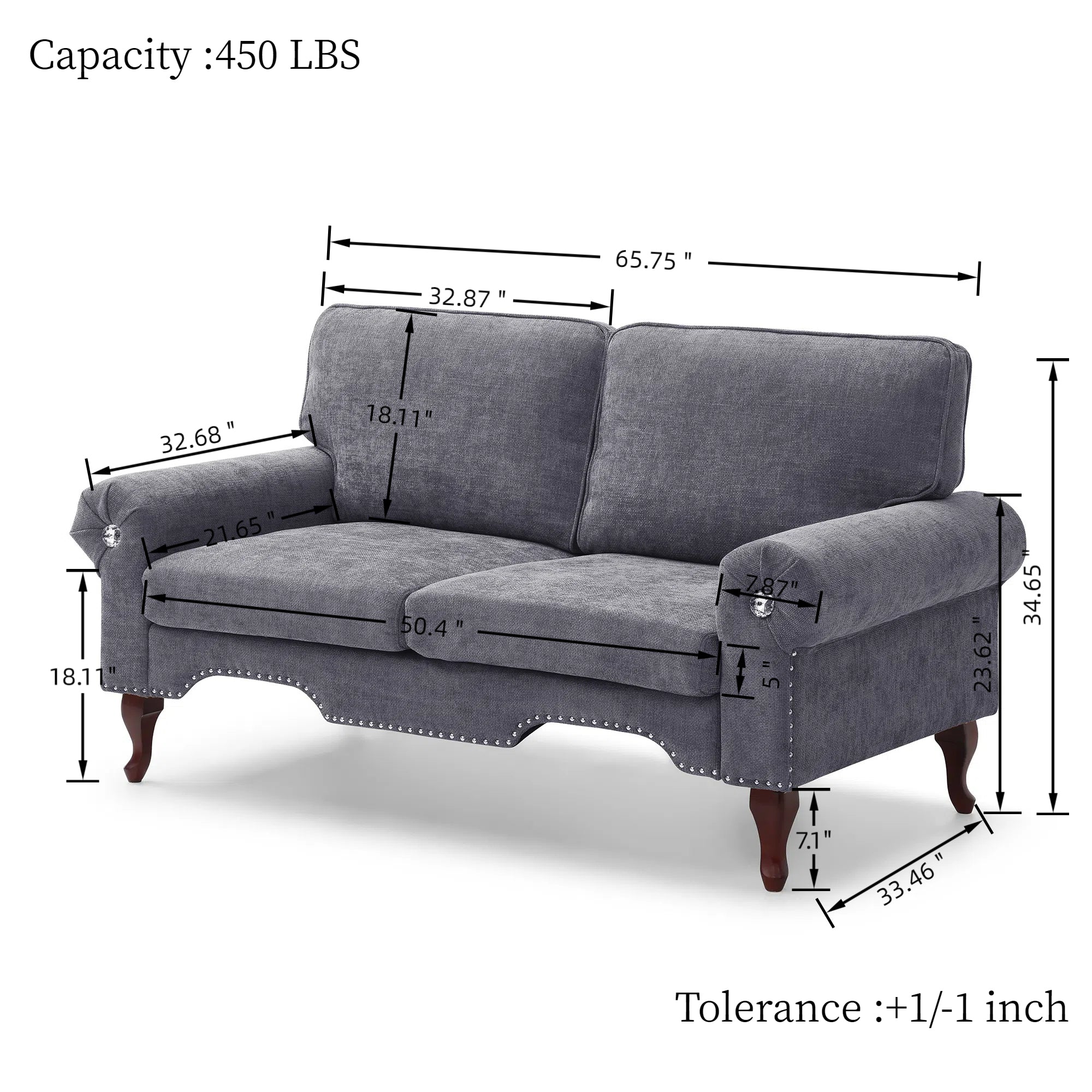66-Inch Modern Velvet Loveseat Sofa with Wooden Legs & Crystal button and Copper Nail, Tufted Backrest, Perfect for Living Room, Bedroom, or Office (Grey)