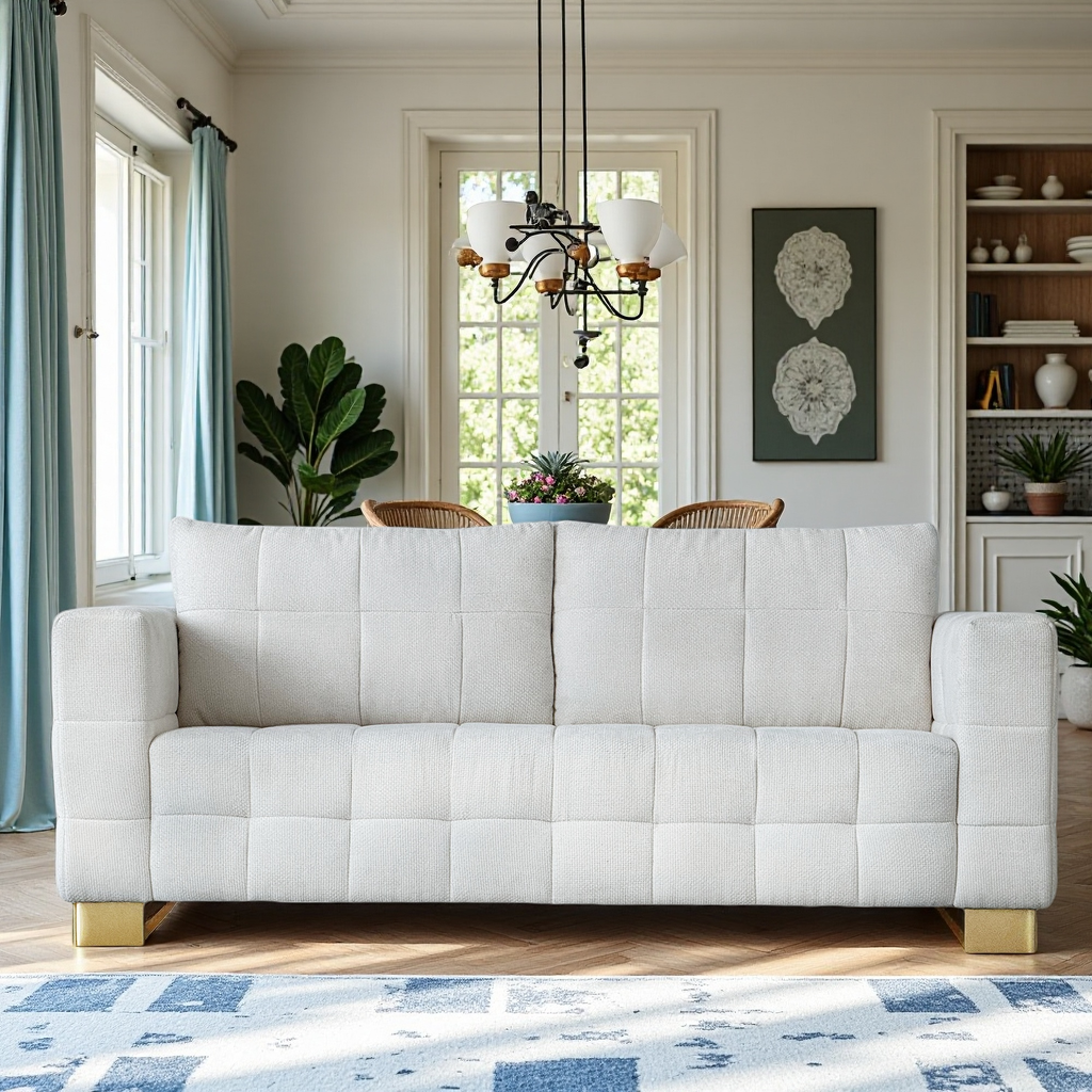 FX-P54-BE SOFA  Contemporary Beige Chenille Couch, Deep-Seat 3-Person Sofa with Wide Armrests & Brushed Stainless-Steel Block Legs Soft Upholstered Sofa for Living Room