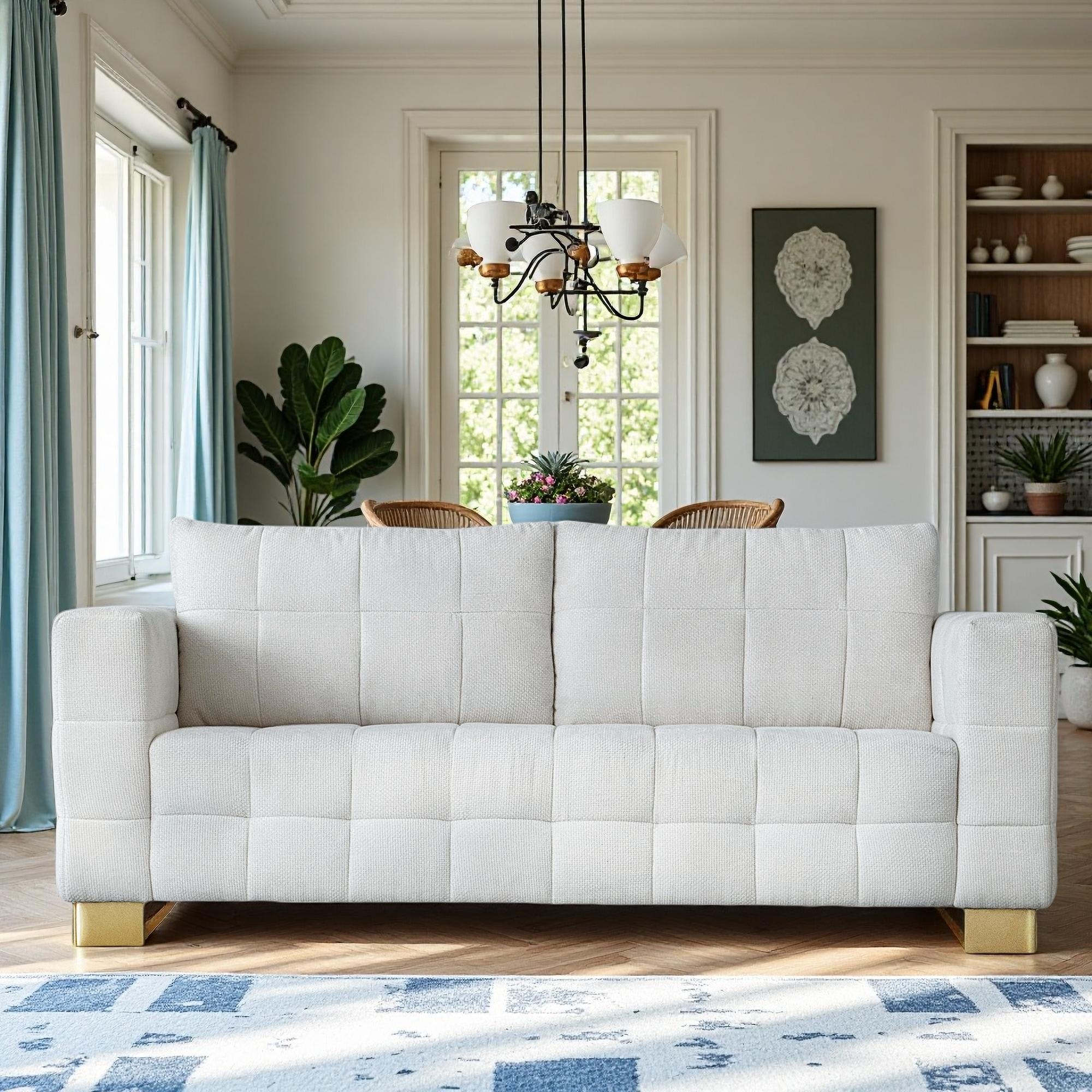 FX-P54-BE SOFA  Contemporary Beige Chenille Couch, Deep-Seat 3-Person Sofa with Wide Armrests & Brushed Stainless-Steel Block Legs Soft Upholstered Sofa for Living Room