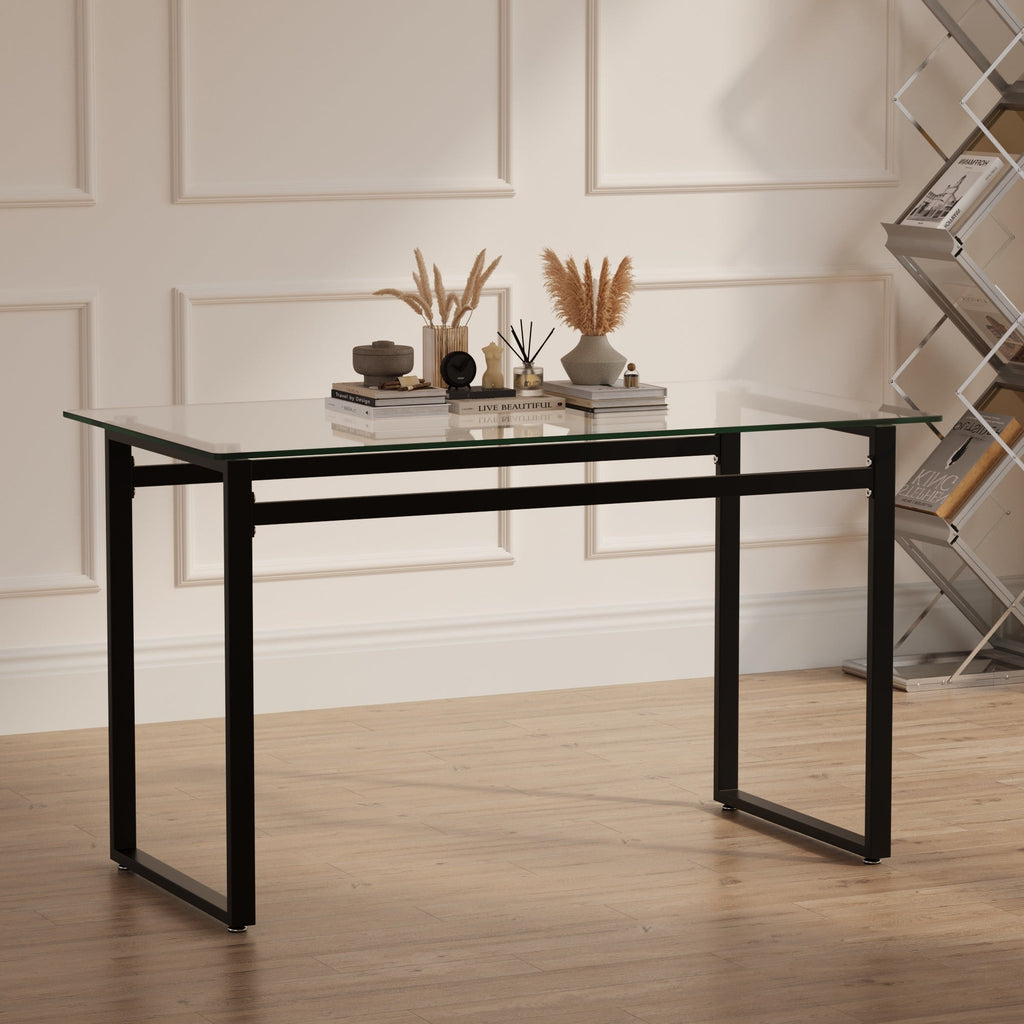 Modern Minimalist Rectangular Glass Dining Table for 4-6 with Tempered Glass Tabletop and Black Chrome Metal Legs