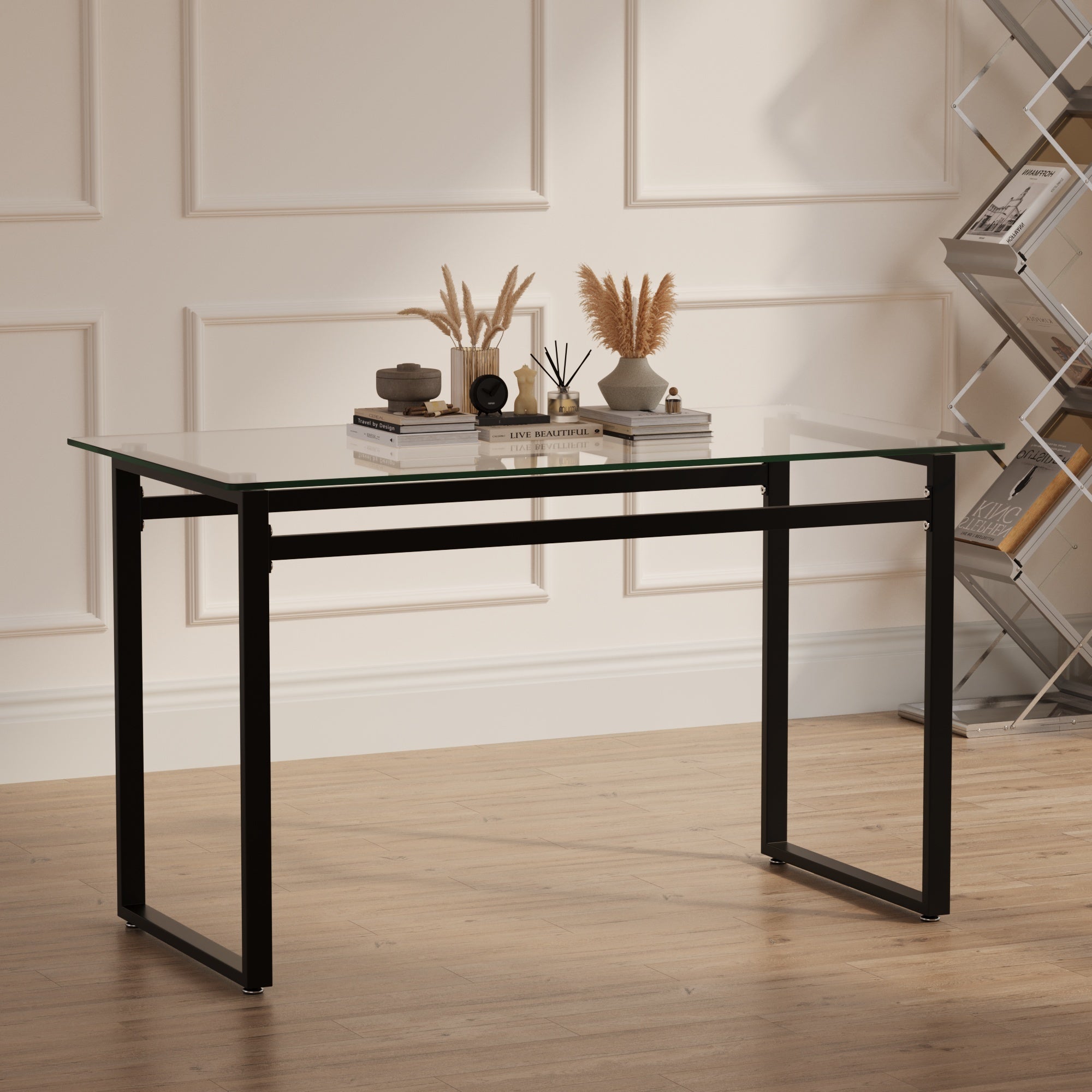 Modern Minimalist Rectangular Glass Dining Table for 4-6 with Tempered Glass Tabletop and Black Chrome Metal Legs