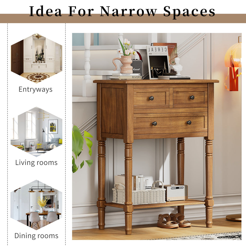 TREXM Narrow Console Table, Slim Sofa Table with Three Storage Drawers and Bottom Shelf (Natural)