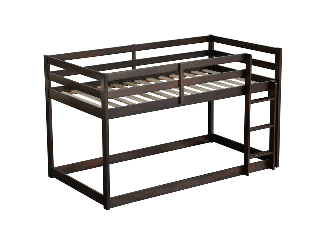 Solid Wooden, Solid Rubber Wooden Twin over Twin Floor Bunk Bed with Ladder, with Bed Platform of Strengthened Slats  , Espresso