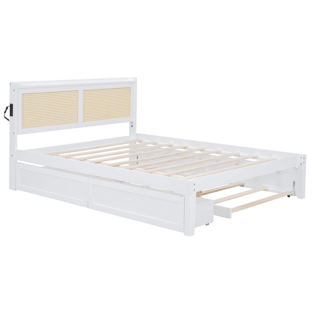 Queen Size Elegant Bed Frame with Rattan Headboard and Sockets ,White