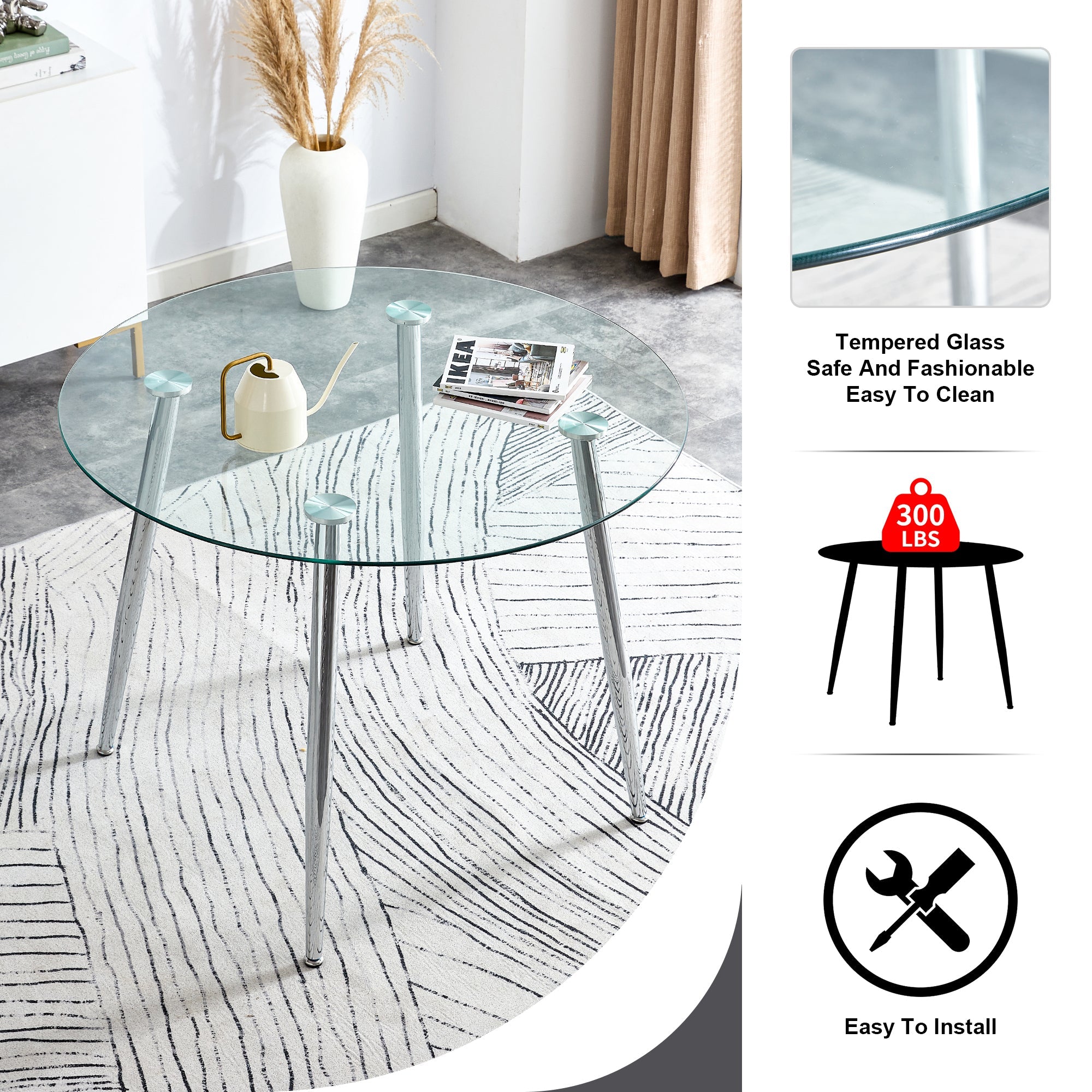 A glass tabletop with a diameter of 40 inches and a modern minimalist circular dining table with silver metal legs.Suitable for living rooms, and conference rooms.W1151S03392